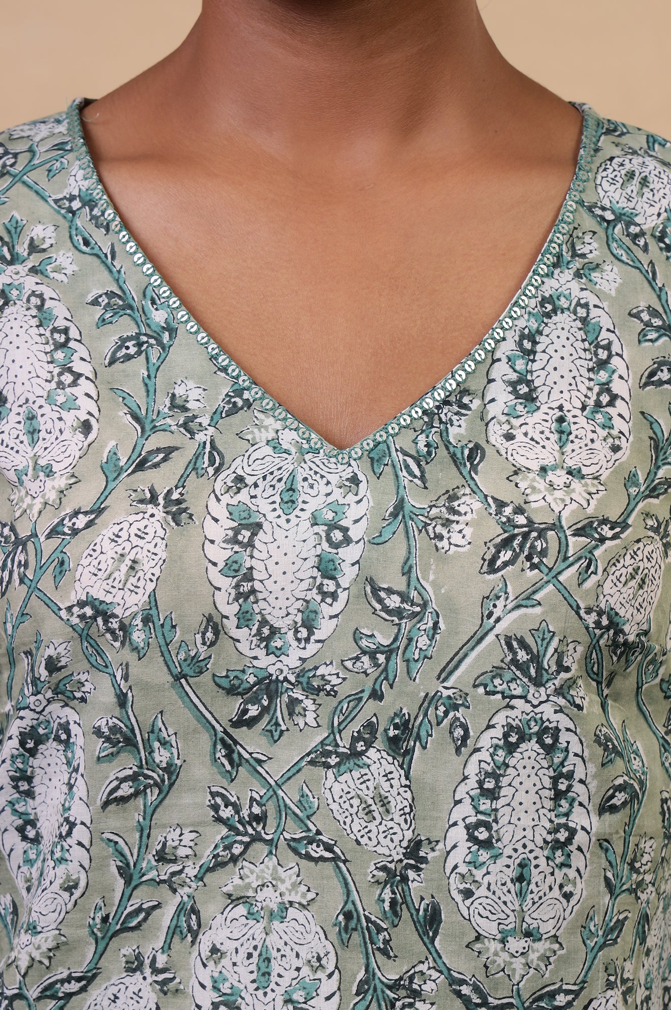 Folksong Tea Green Cotton Straight-Fit Floral Hand Block Printed Top - Image 3