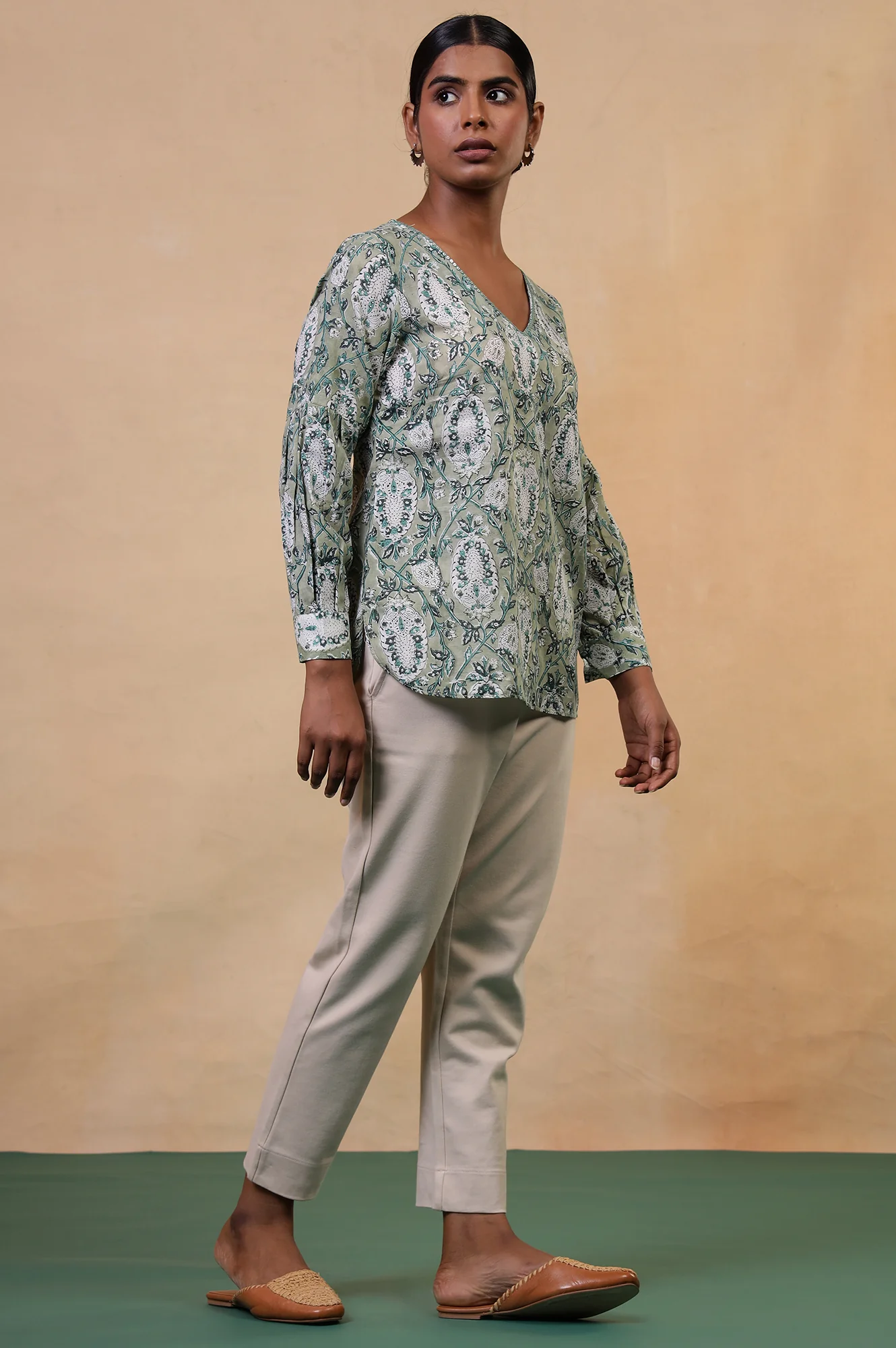 Folksong Tea Green Cotton Straight-Fit Floral Hand Block Printed Top - Image 4