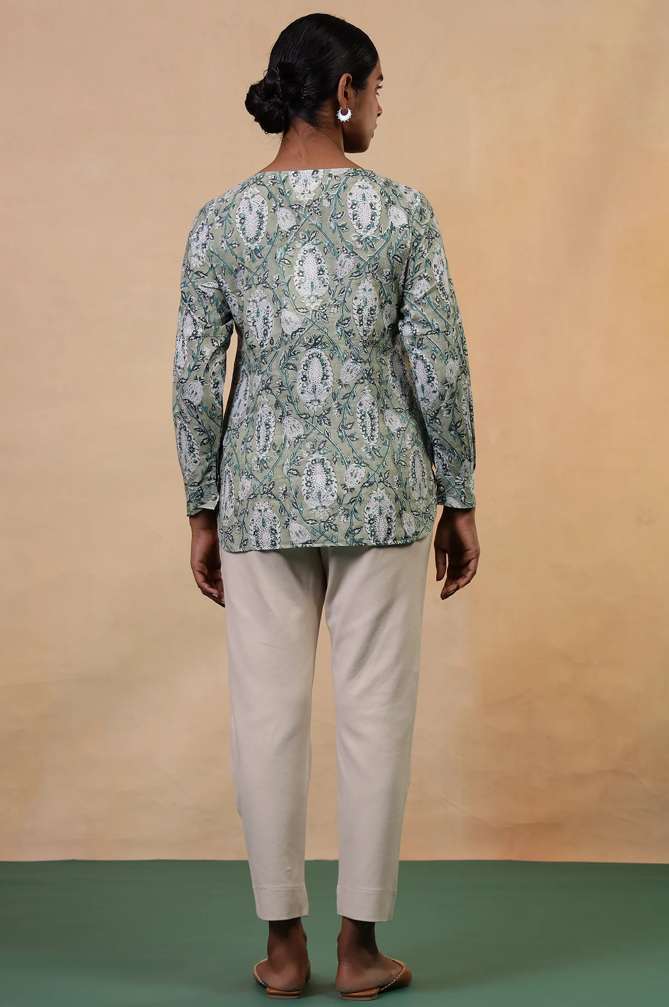 Folksong Tea Green Cotton Straight-Fit Floral Hand Block Printed Top - Image 5