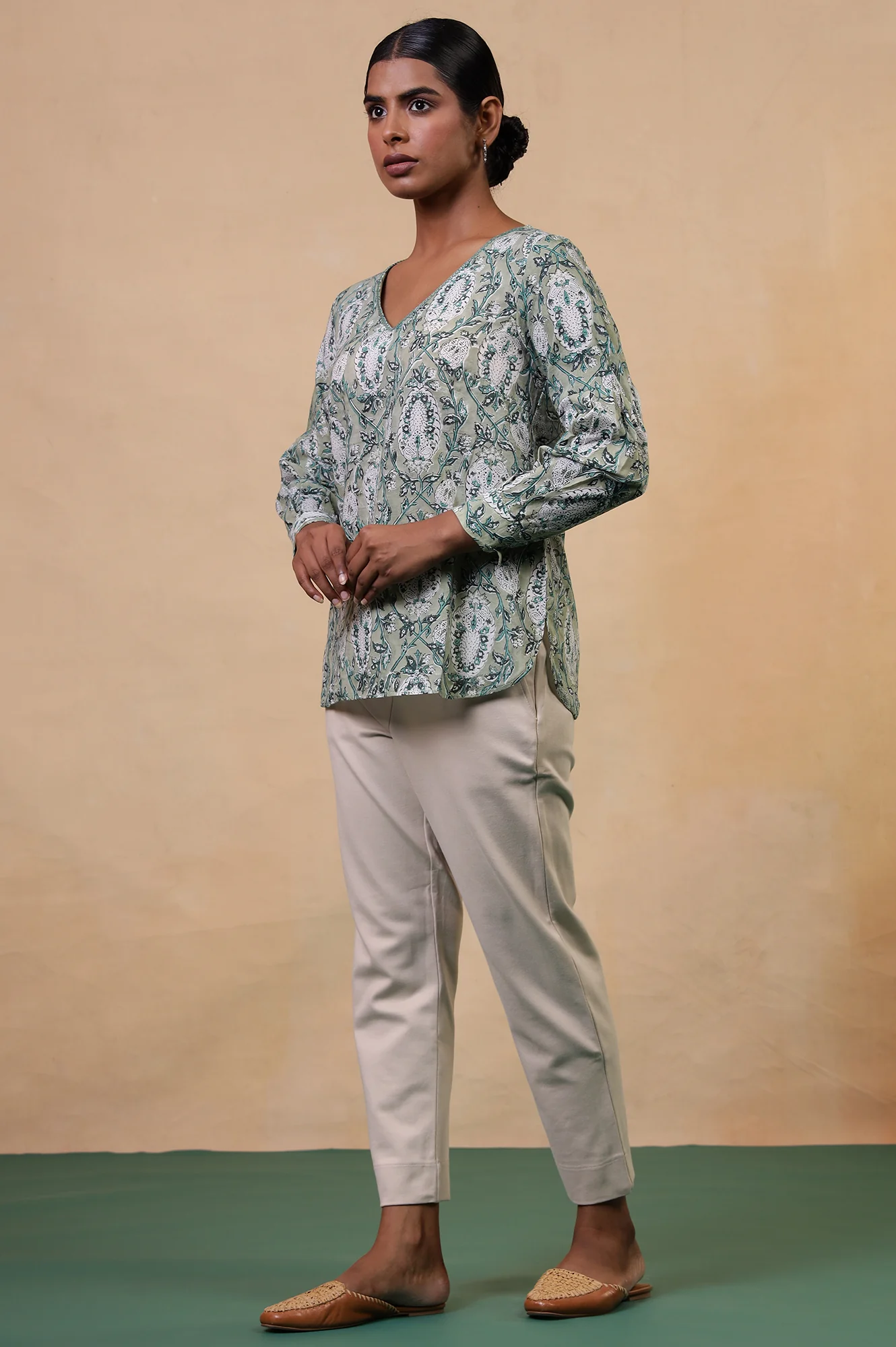 Folksong Tea Green Cotton Straight-Fit Floral Hand Block Printed Top - Image 6