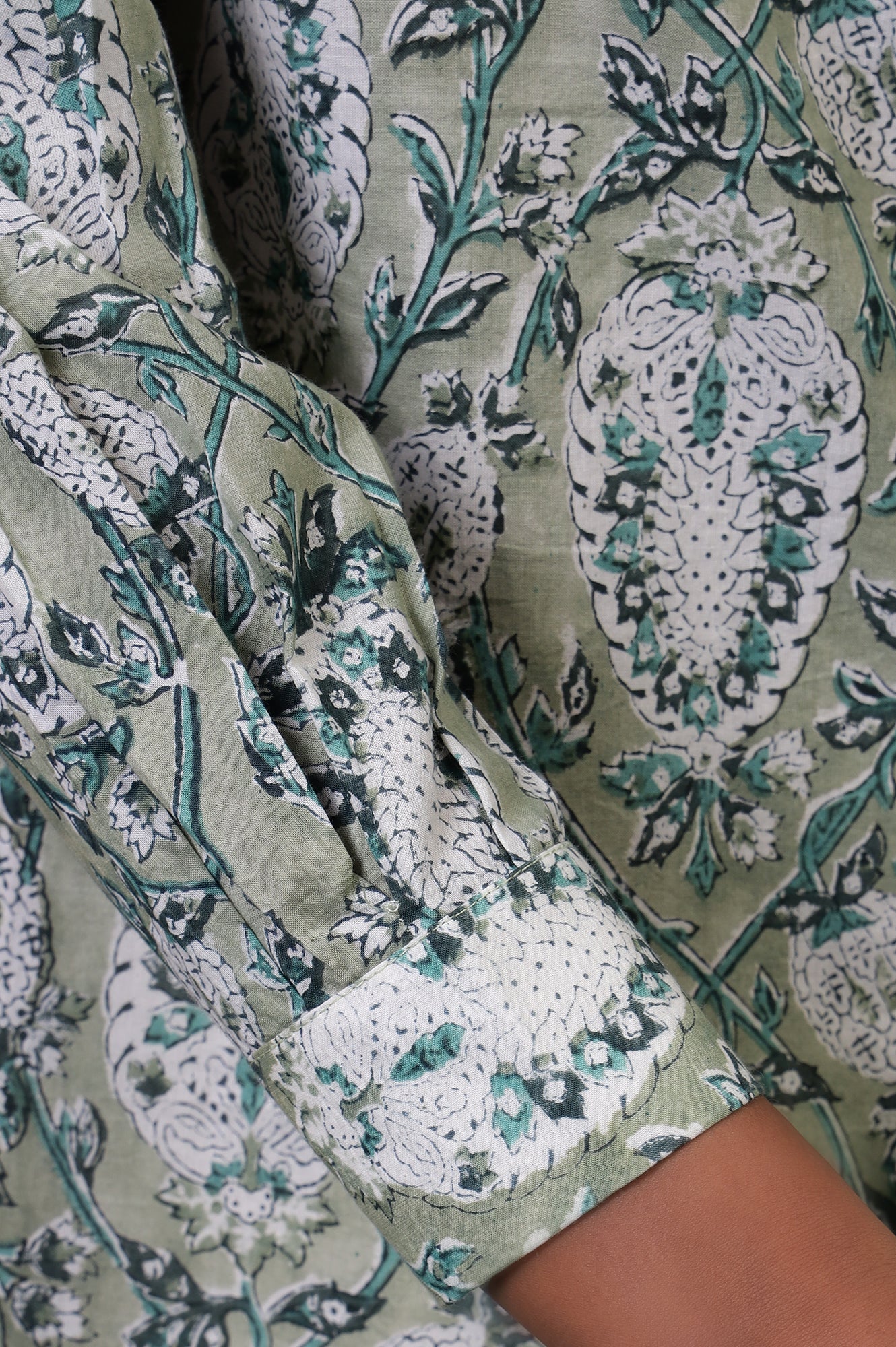 Folksong Tea Green Cotton Straight-Fit Floral Hand Block Printed Top - Image 7