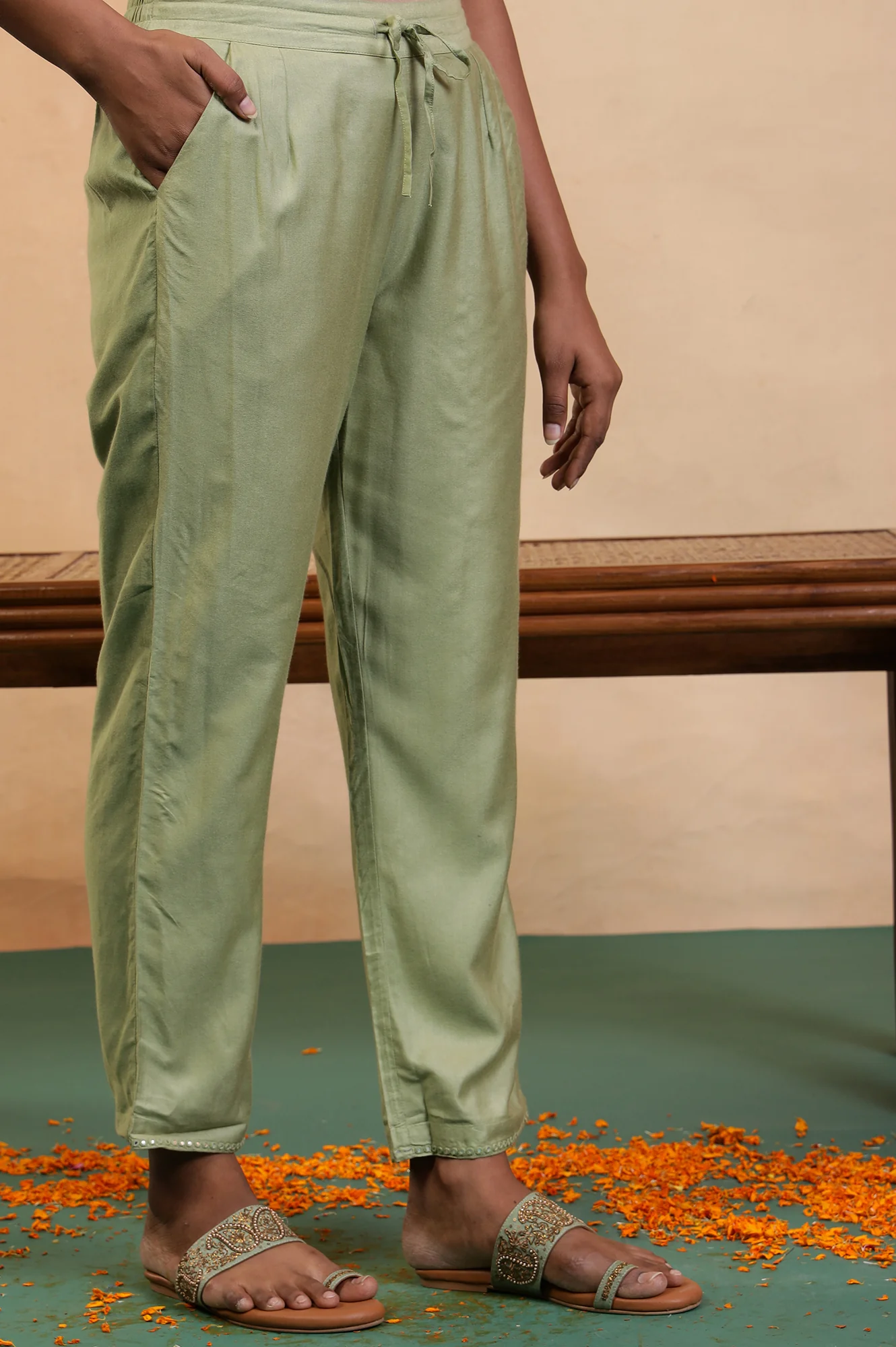 Folksong Tea Green Solid Mirror Work Viscose Blend Straight Pyjamas - Image 2