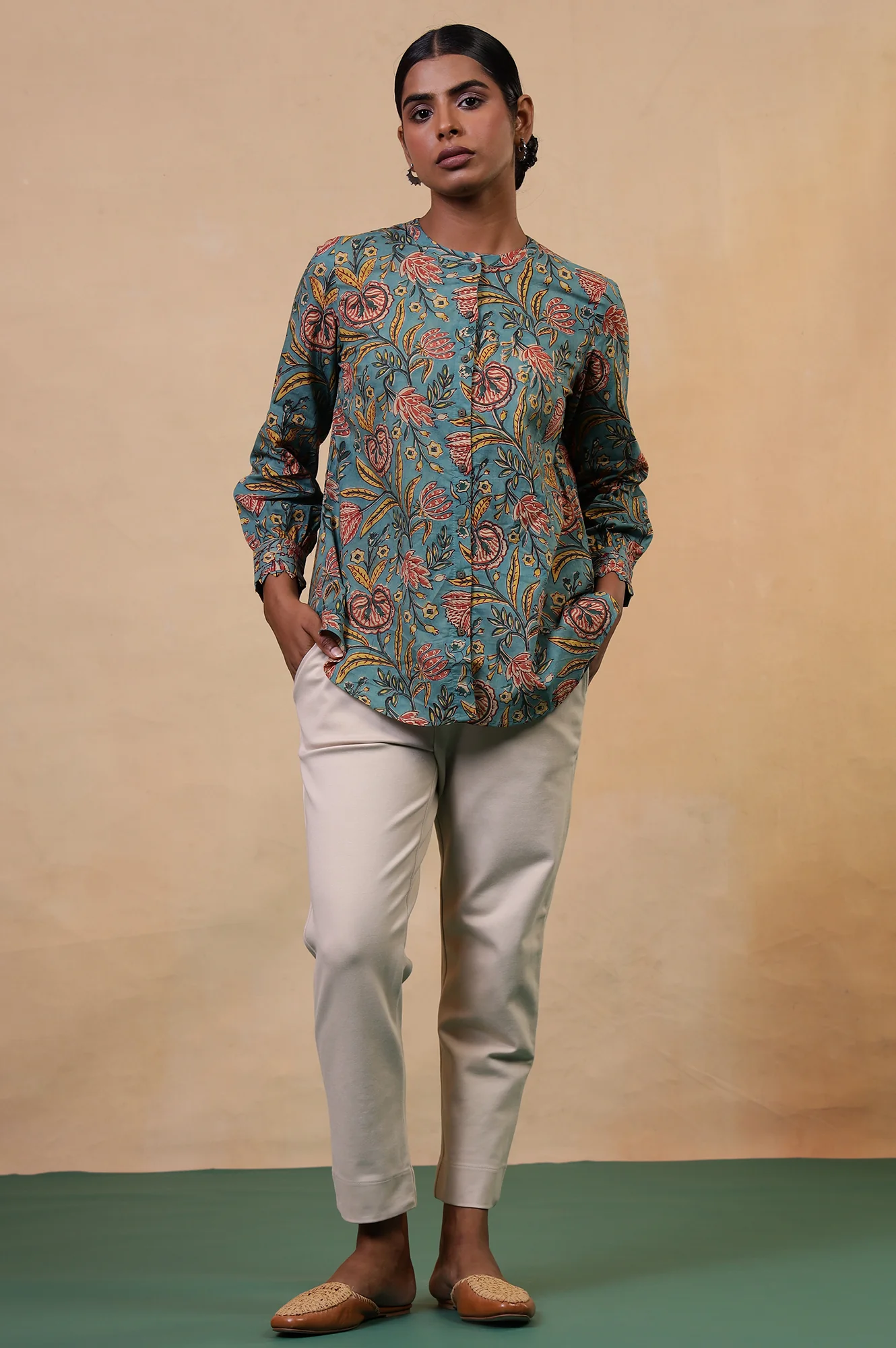 Folksong Turquoise Floral Hand Block Printed Cotton Tunic Top - Image 2