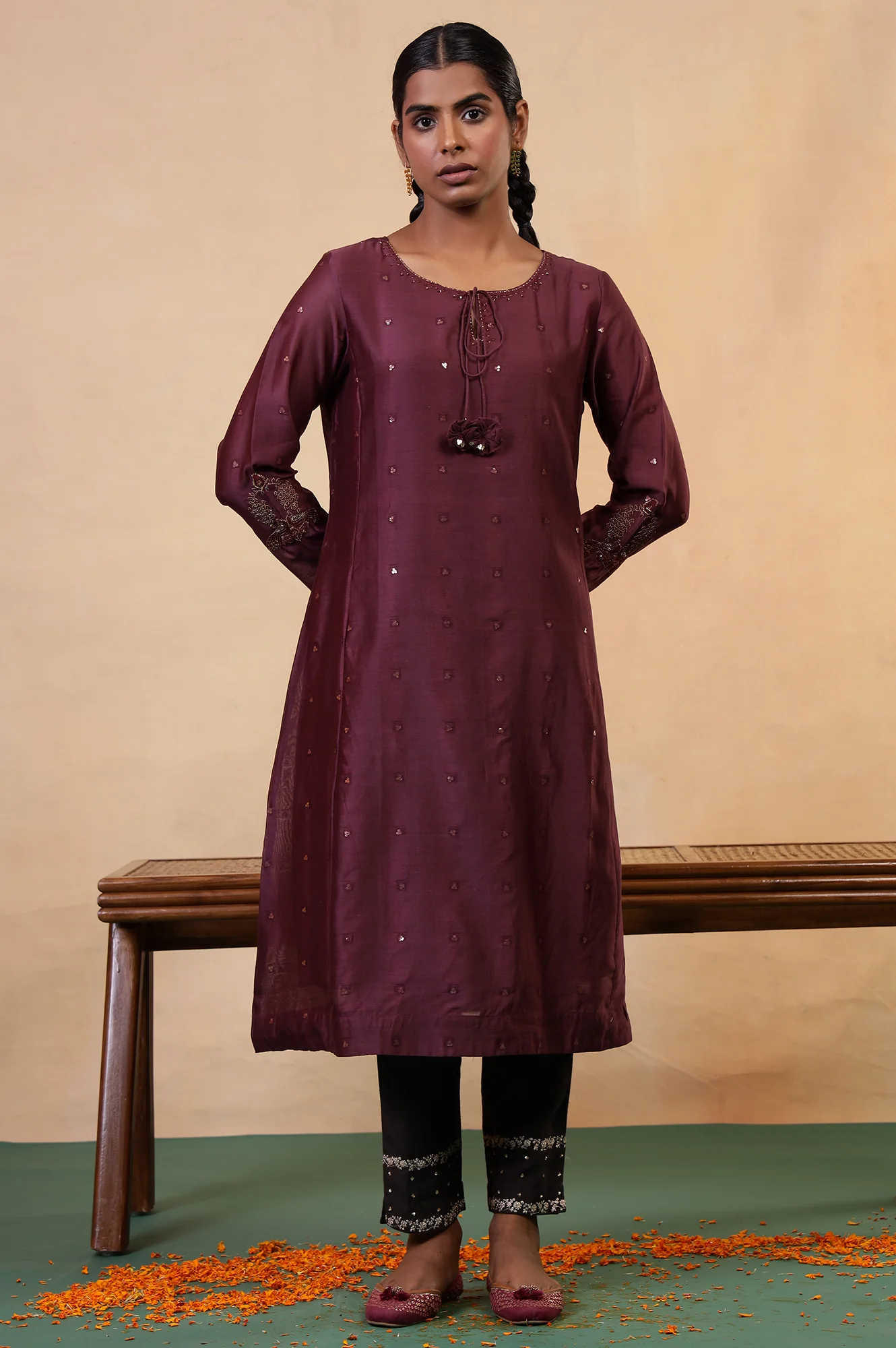 Folksong Windsor Wine Cotton-Silk Flared Sequined Regular Kurta - Image 2
