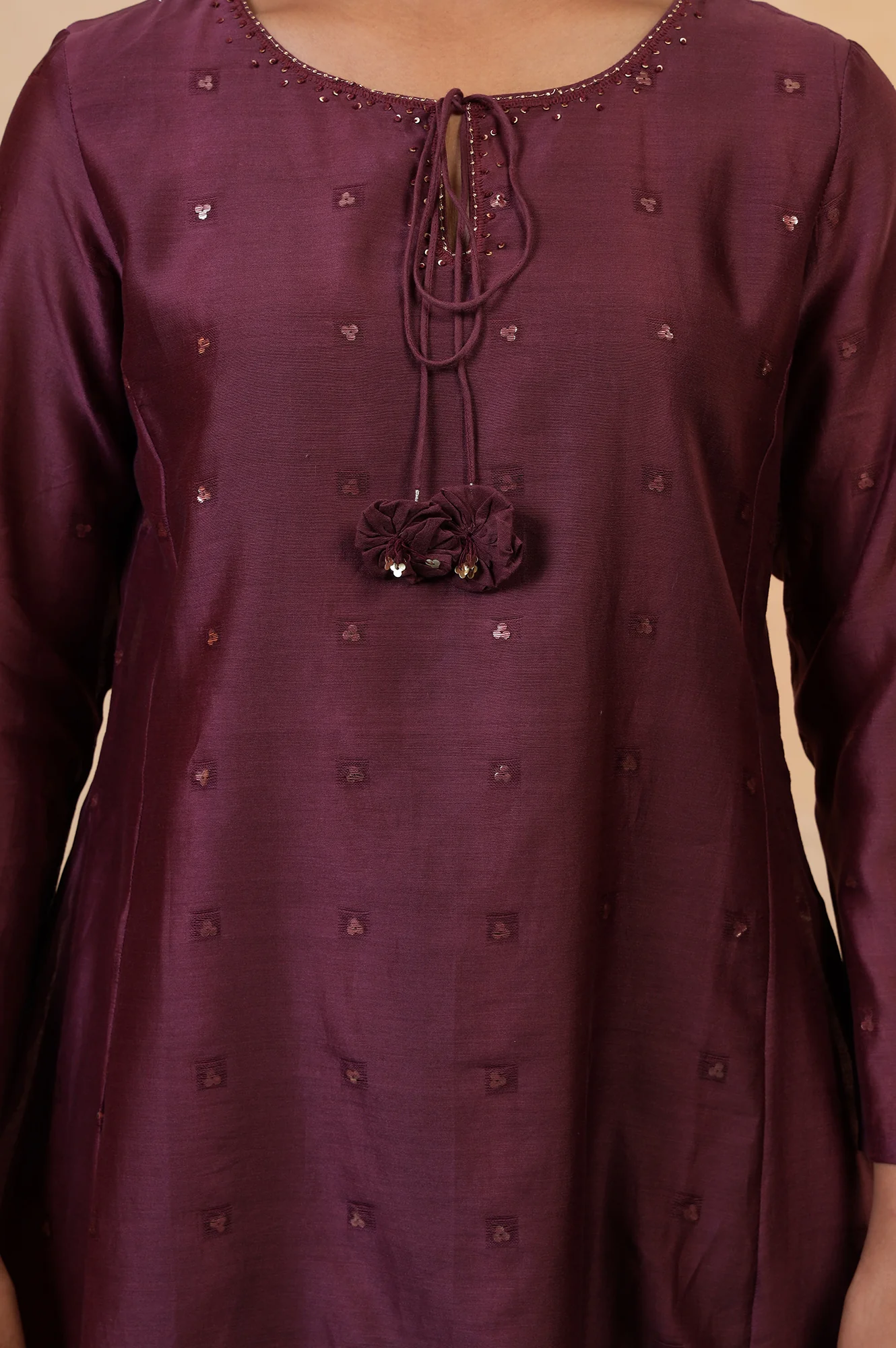 Folksong Windsor Wine Cotton-Silk Flared Sequined Regular Kurta - Image 3