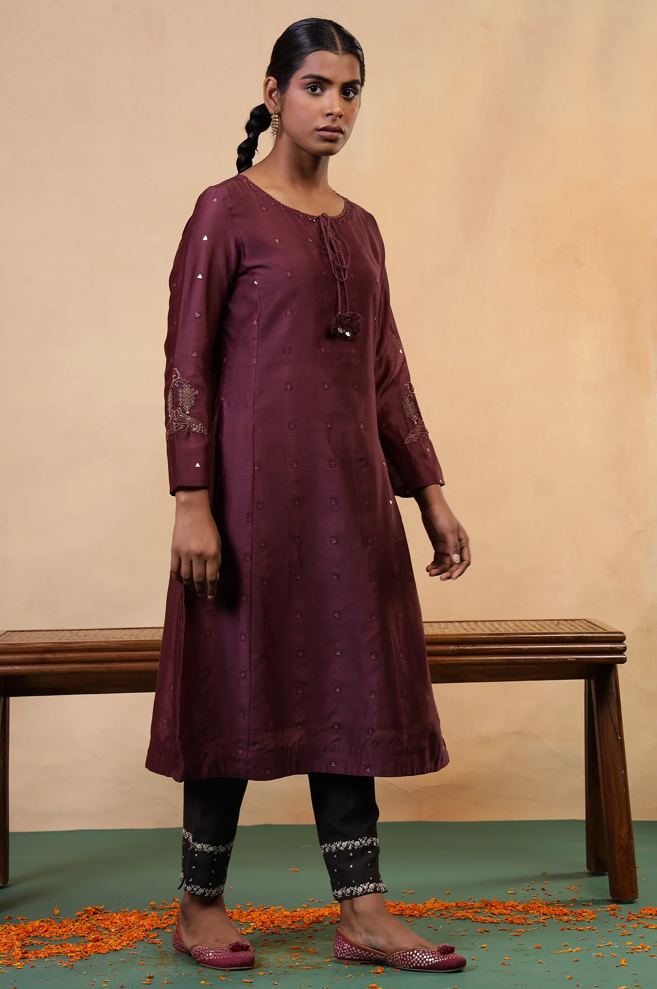 Folksong Windsor Wine Cotton-Silk Flared Sequined Regular Kurta - Image 4