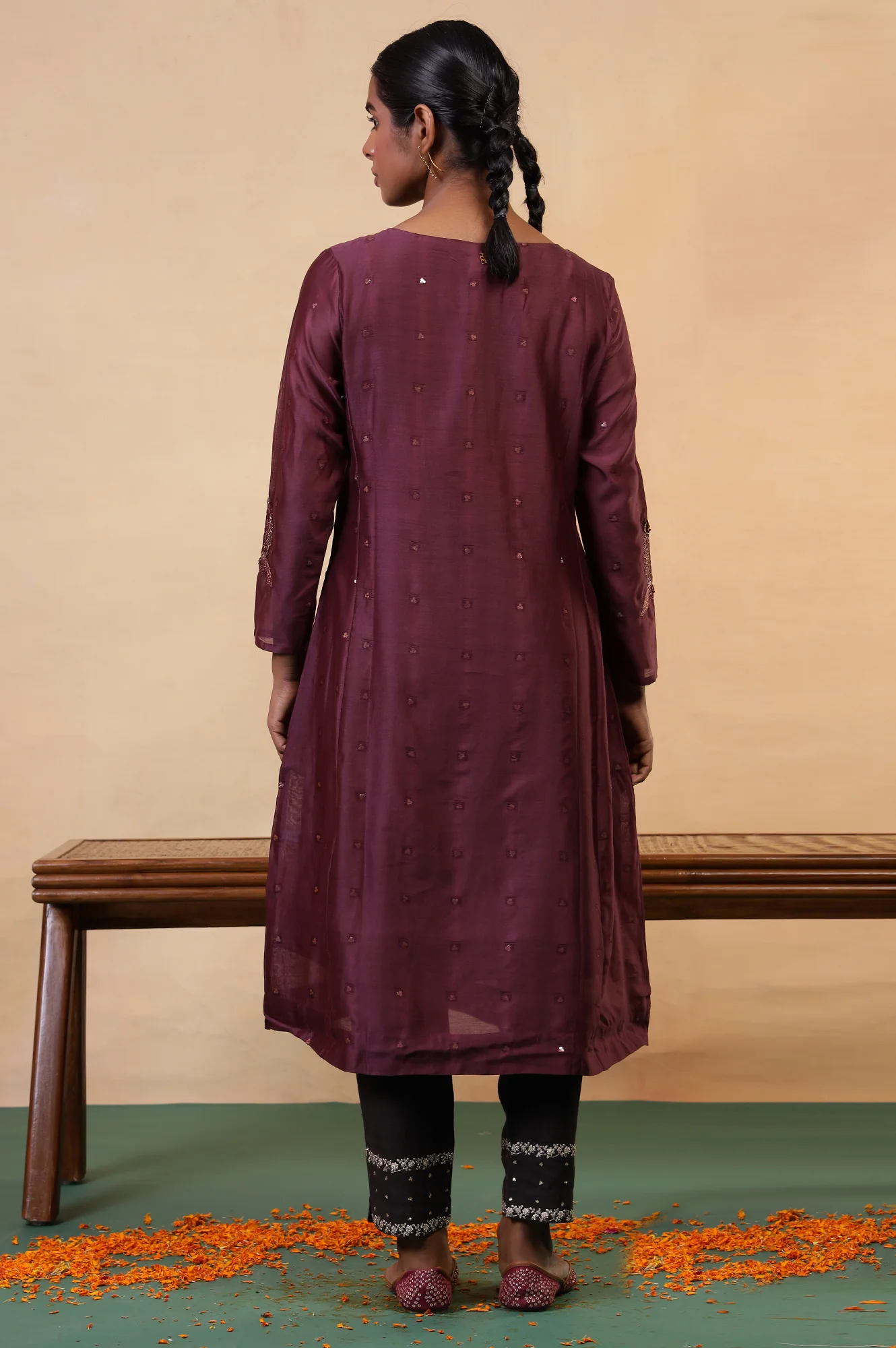 Folksong Windsor Wine Cotton-Silk Flared Sequined Regular Kurta - Image 5