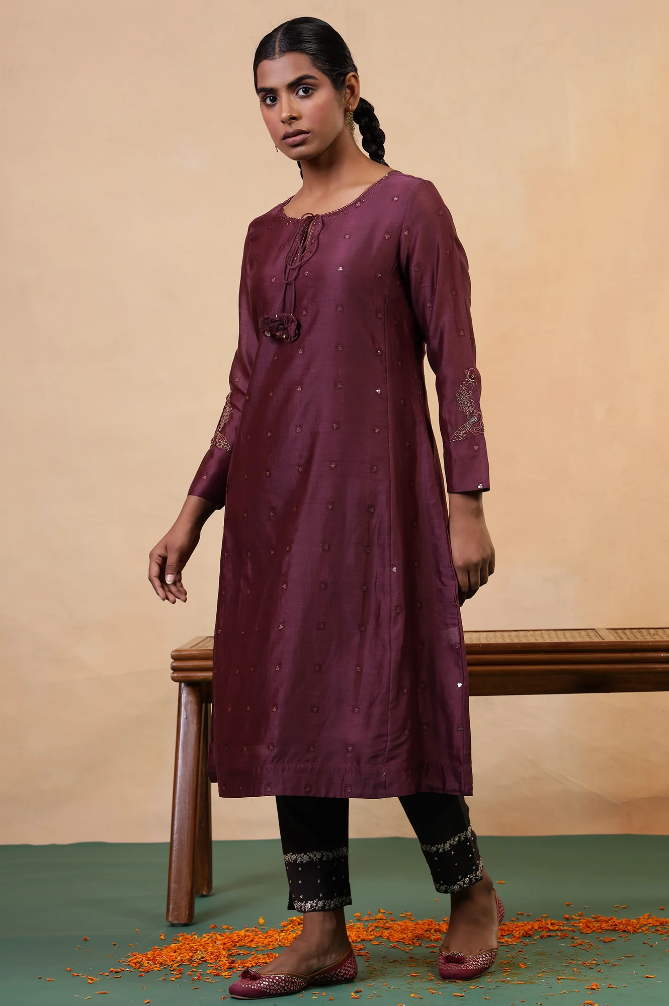 Folksong Windsor Wine Cotton-Silk Flared Sequined Regular Kurta - Image 6