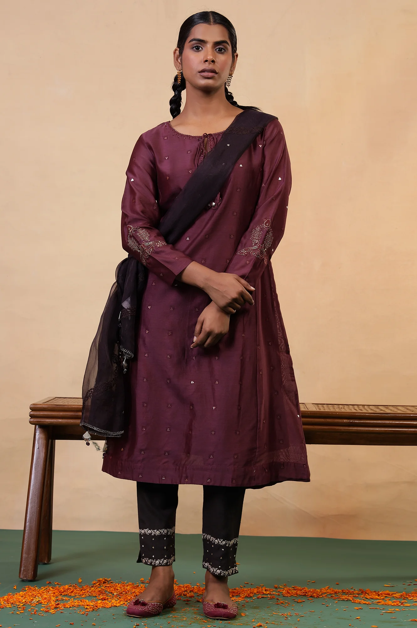 Folksong Windsor Wine Cotton-Silk Flared Sequined Regular Kurta - Image 7