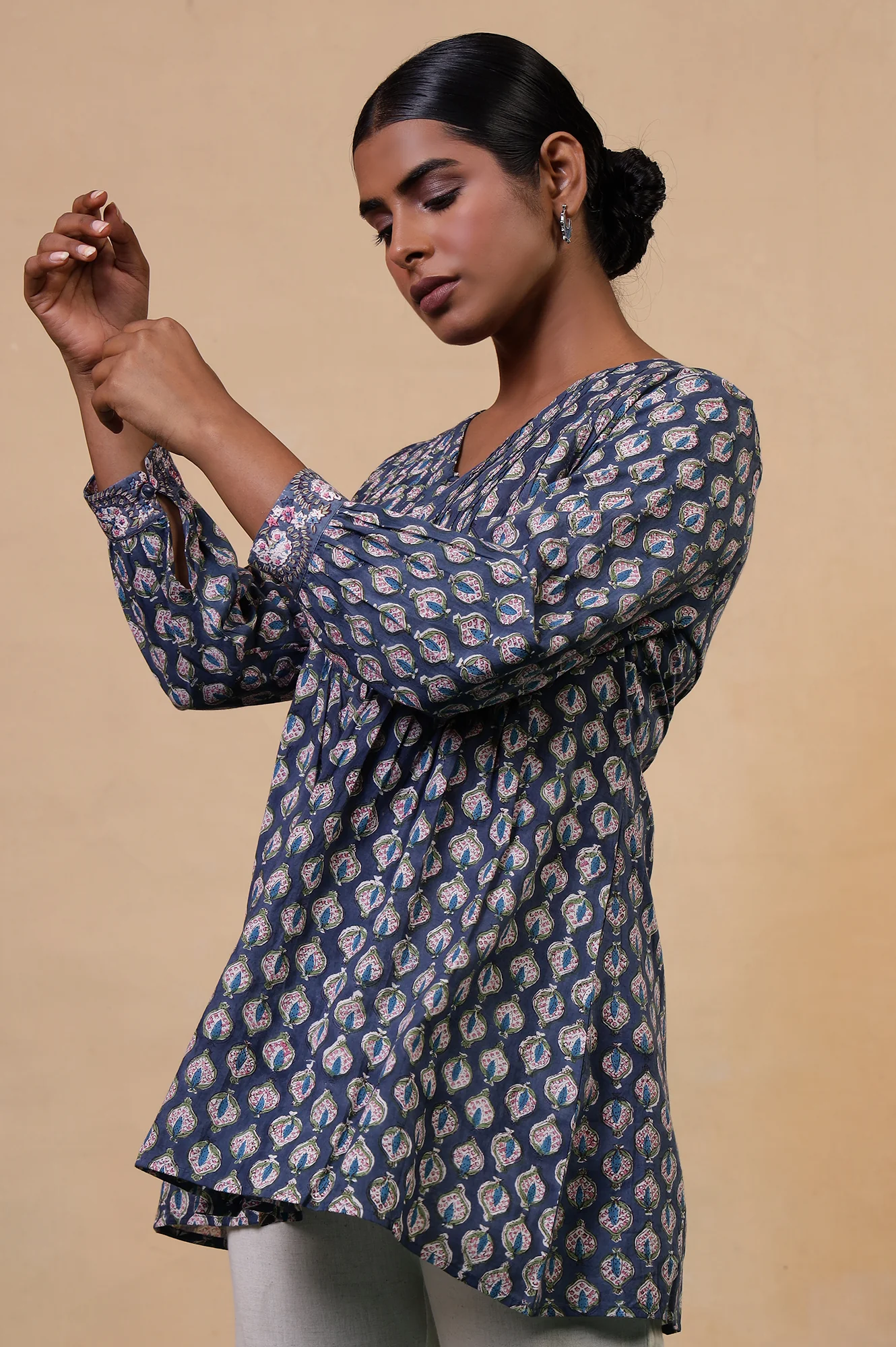 Folksong Yale Blue Ethnic Motif Mirror Work Cotton A-Line Tunic - Image 2