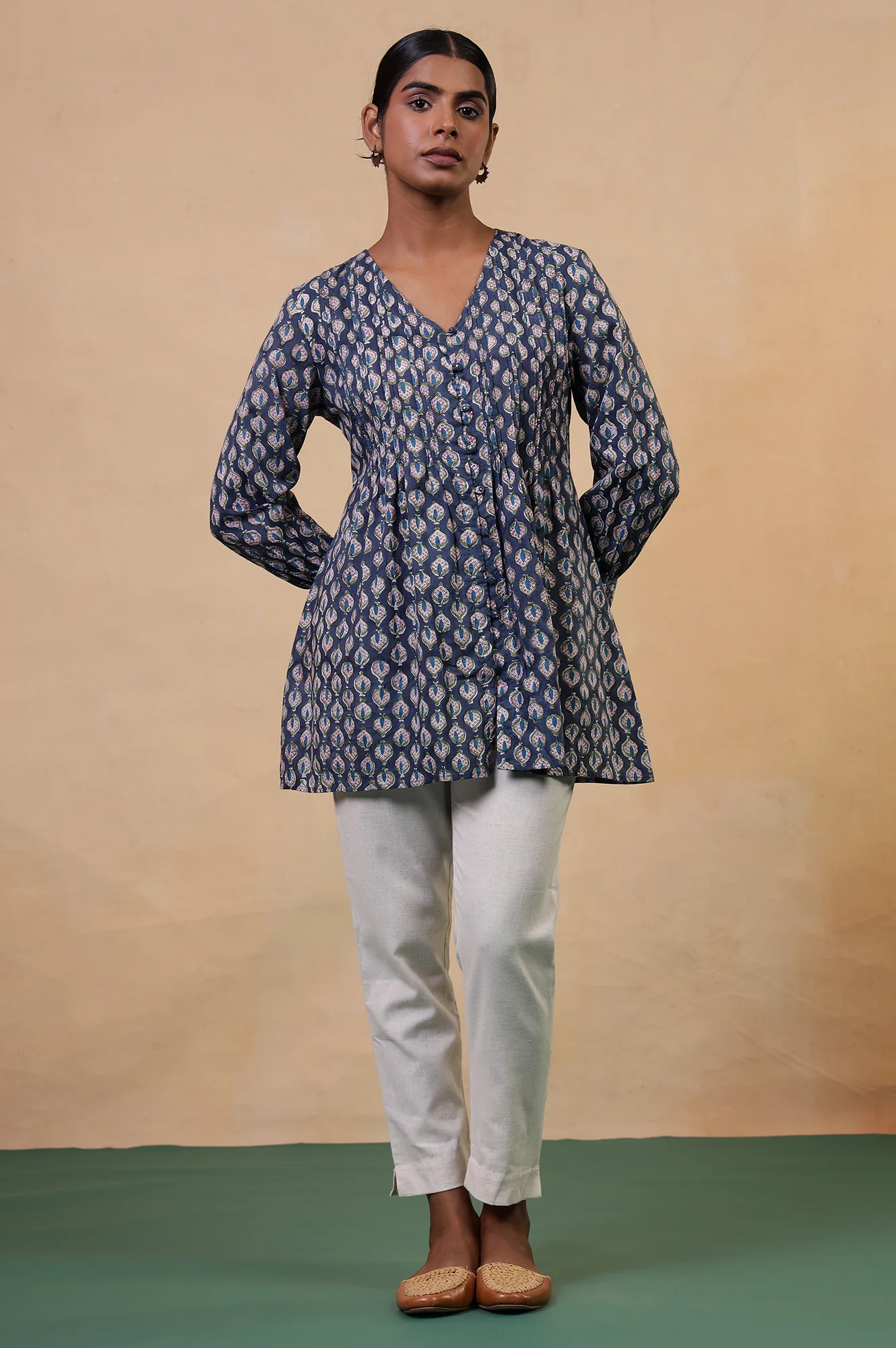 Folksong Yale Blue Ethnic Motif Mirror Work Cotton A-Line Tunic - Image 3