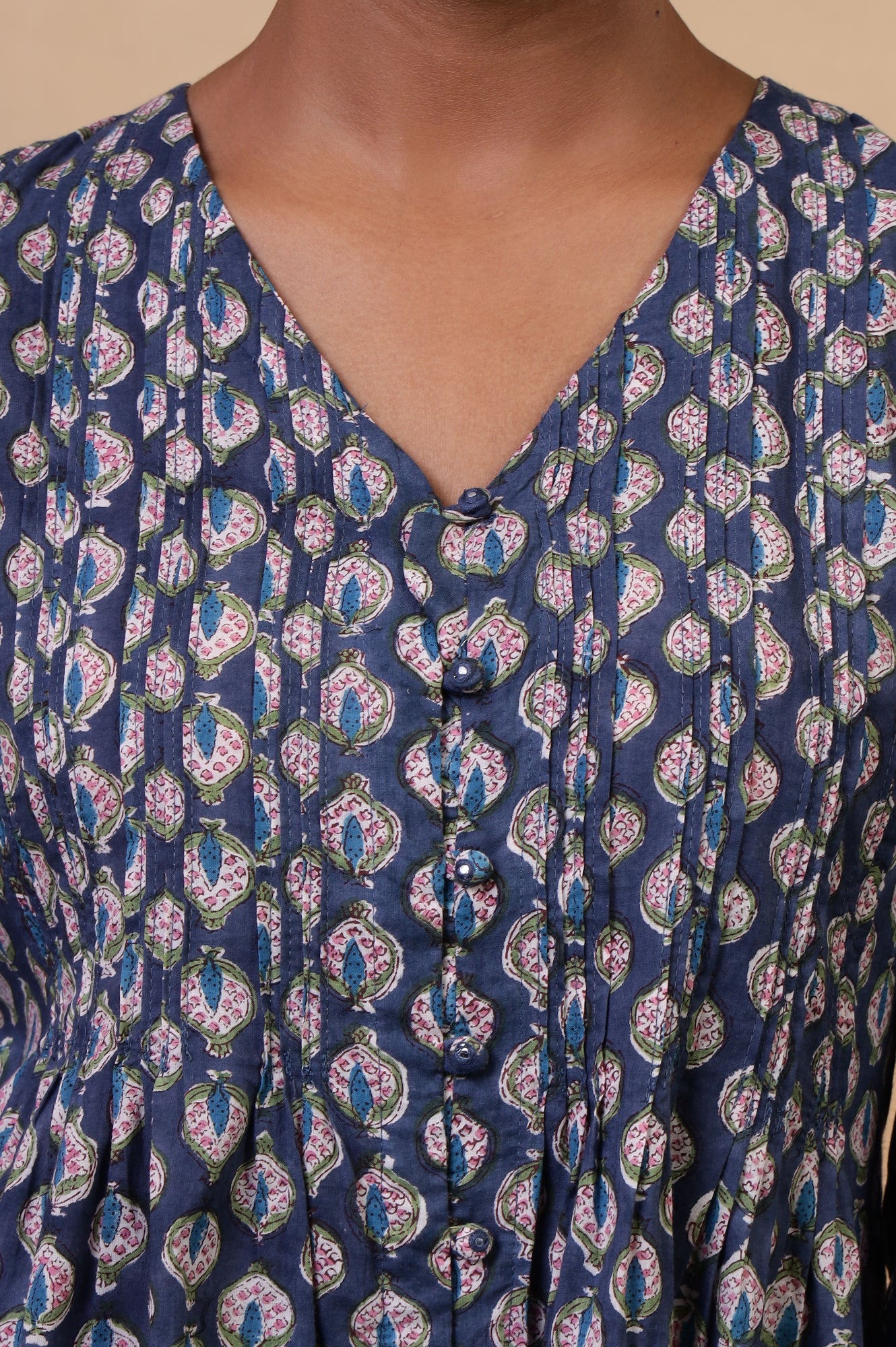 Folksong Yale Blue Ethnic Motif Mirror Work Cotton A-Line Tunic - Image 4
