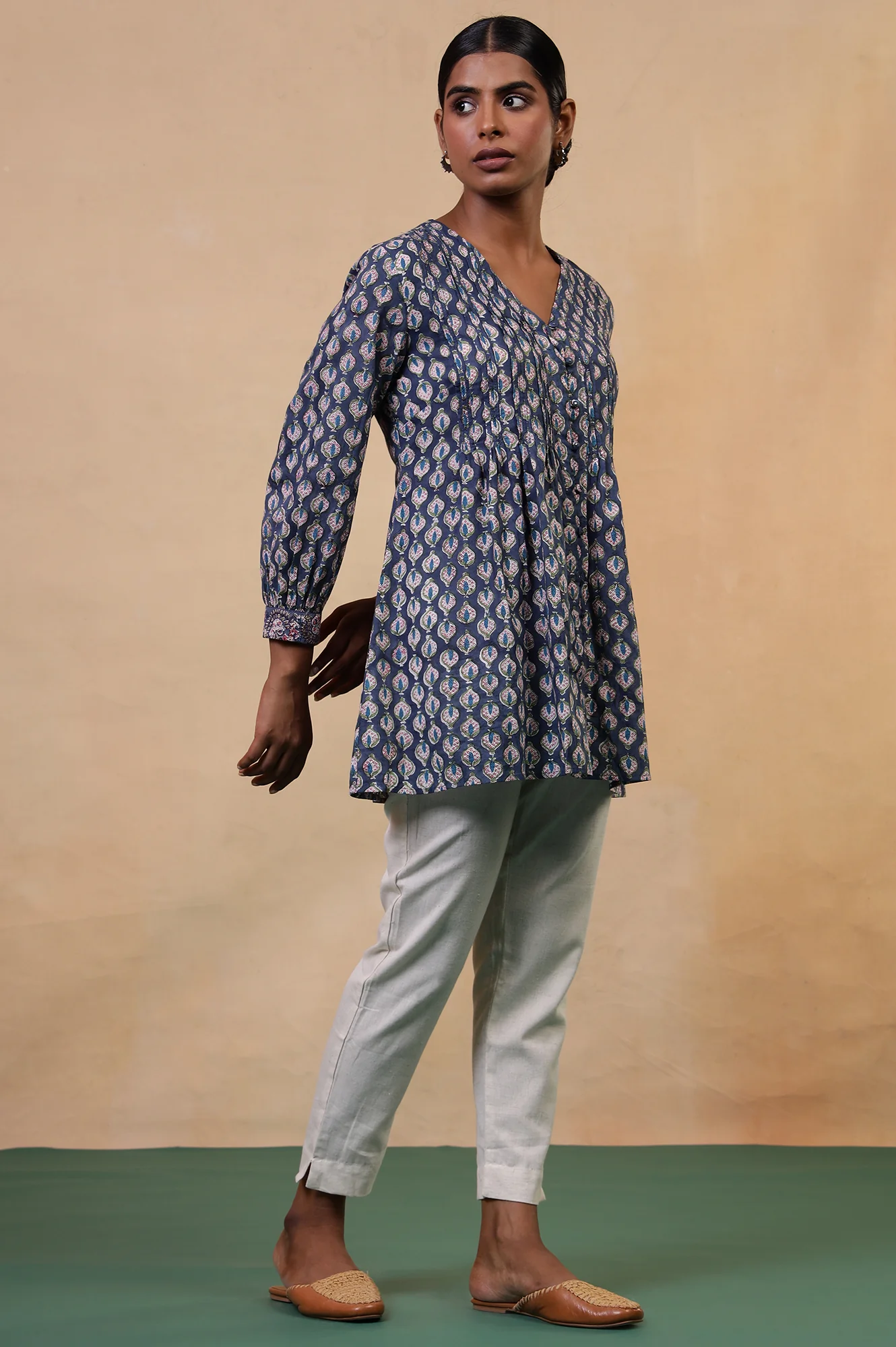 Folksong Yale Blue Ethnic Motif Mirror Work Cotton A-Line Tunic - Image 5