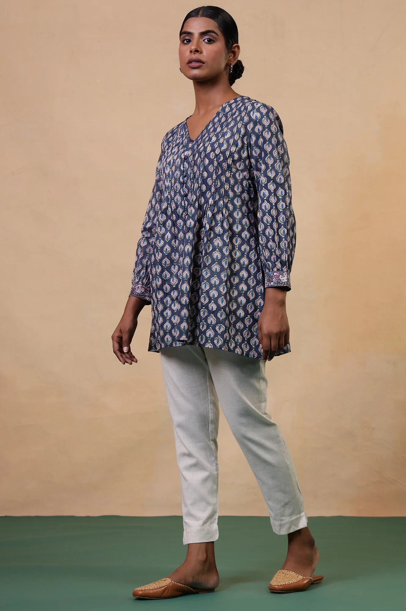 Folksong Yale Blue Ethnic Motif Mirror Work Cotton A-Line Tunic - Image 7