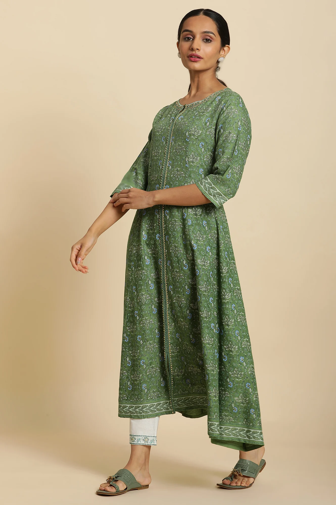 Forest Green Printed Panelled Kurta - Image 2