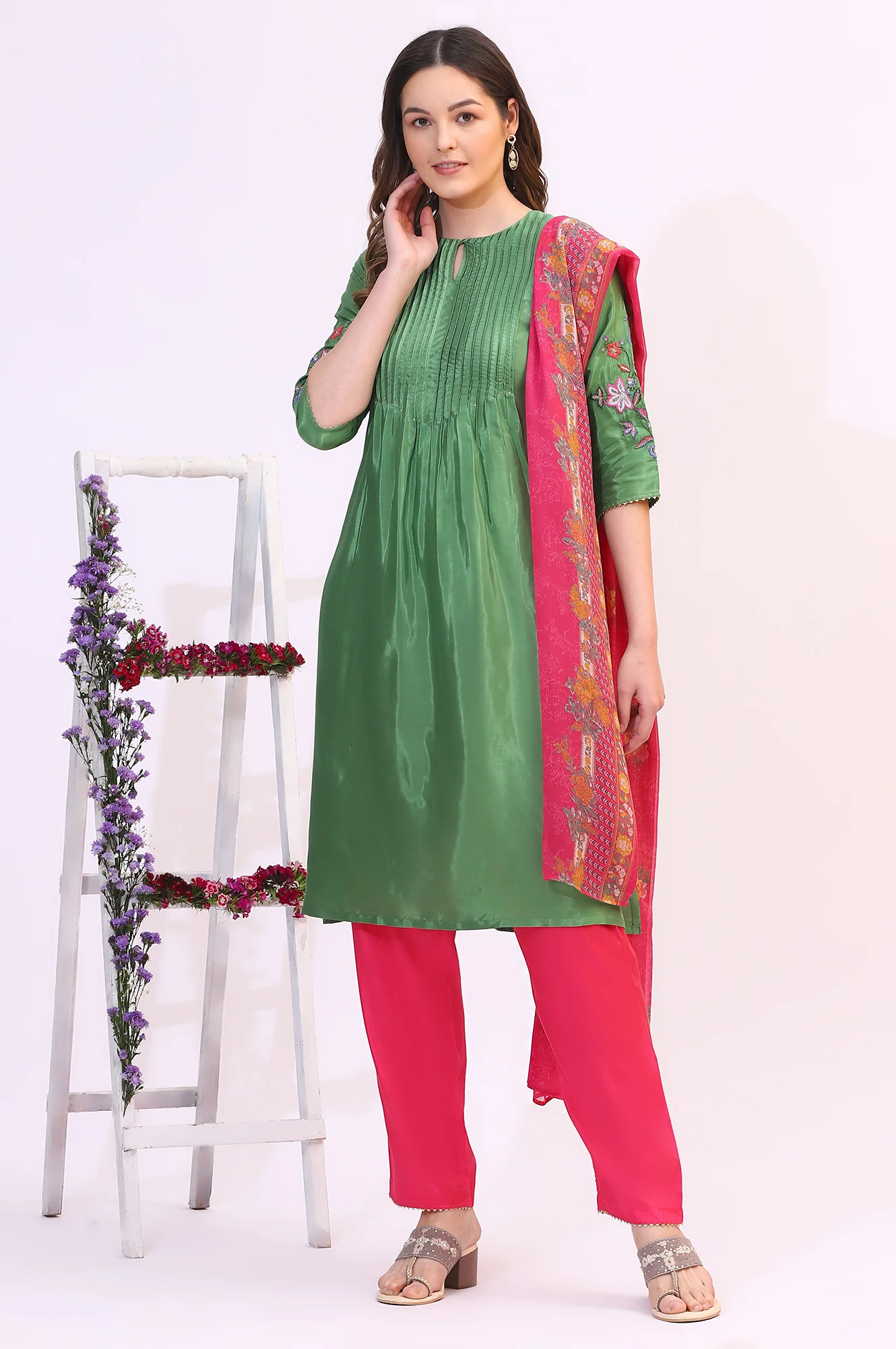 Forest Green Embroidered Shantung Kurta, Pants and Dupatta Set - Image 2