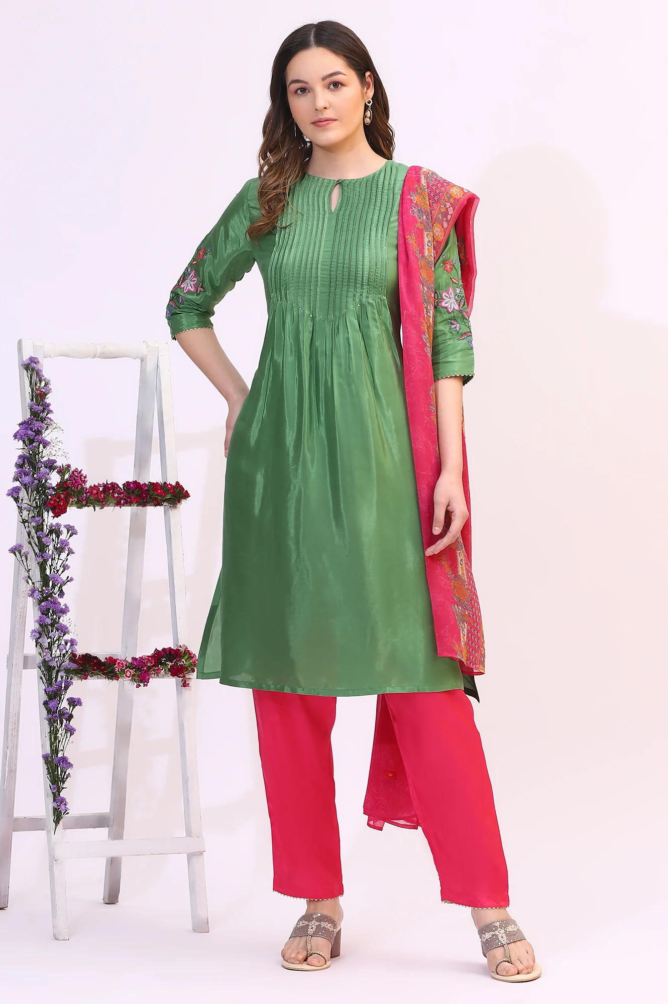 Forest Green Embroidered Shantung Kurta, Pants and Dupatta Set - Image 3