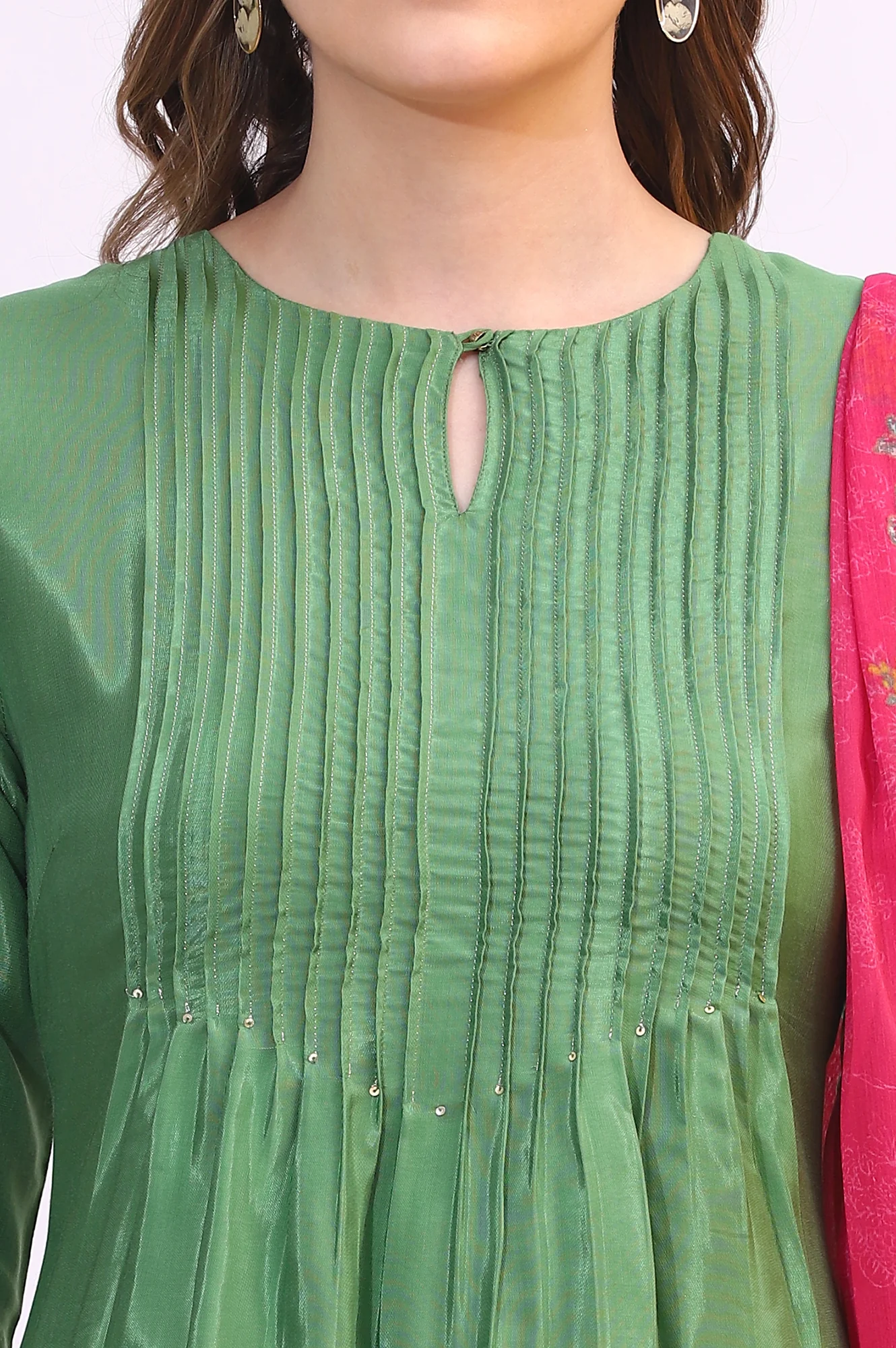 Forest Green Embroidered Shantung Kurta, Pants and Dupatta Set - Image 4