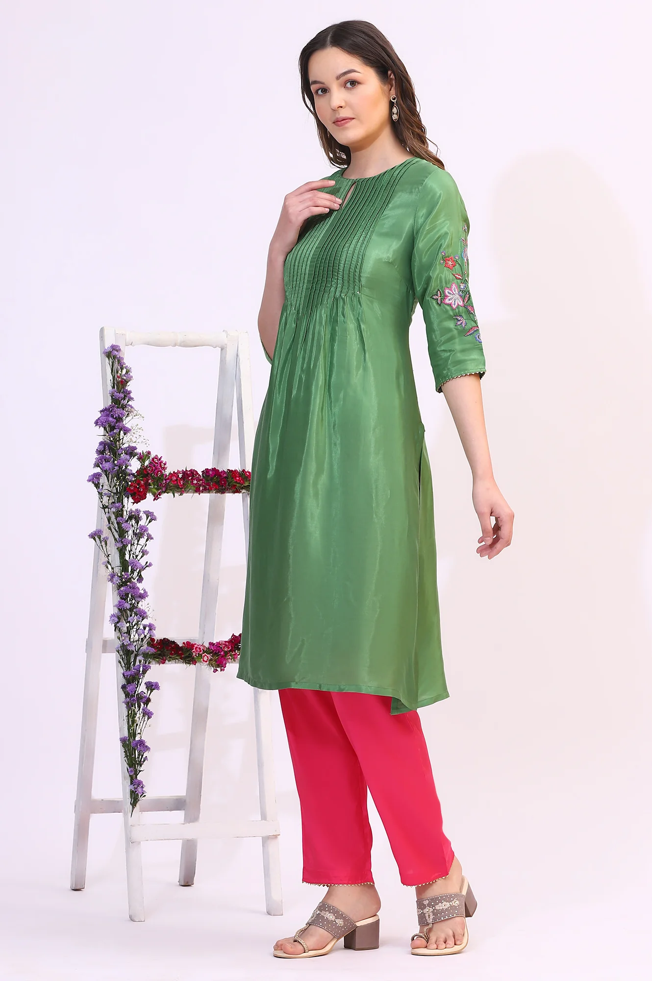 Forest Green Embroidered Shantung Kurta, Pants and Dupatta Set - Image 5