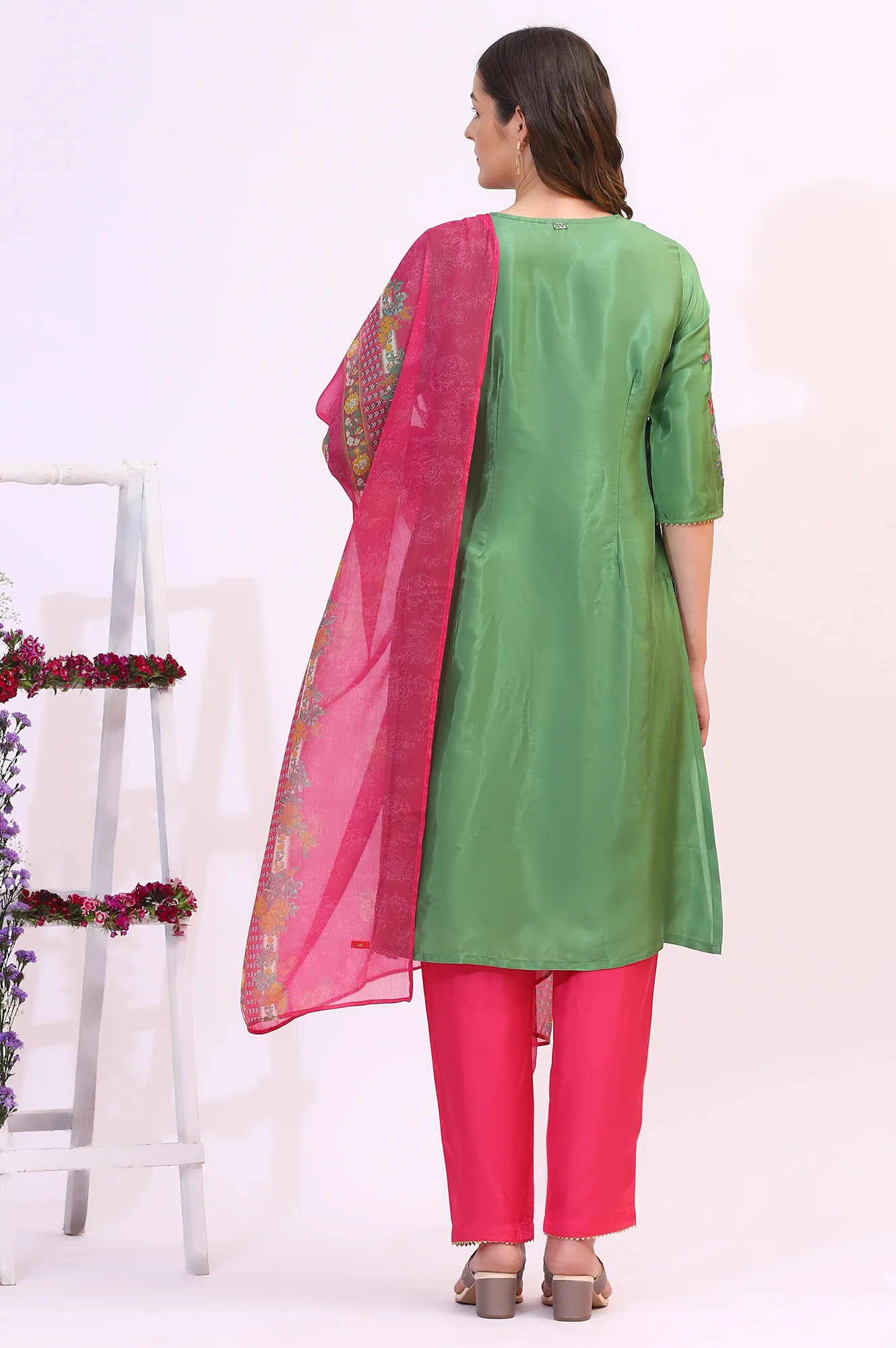 Forest Green Embroidered Shantung Kurta, Pants and Dupatta Set - Image 6