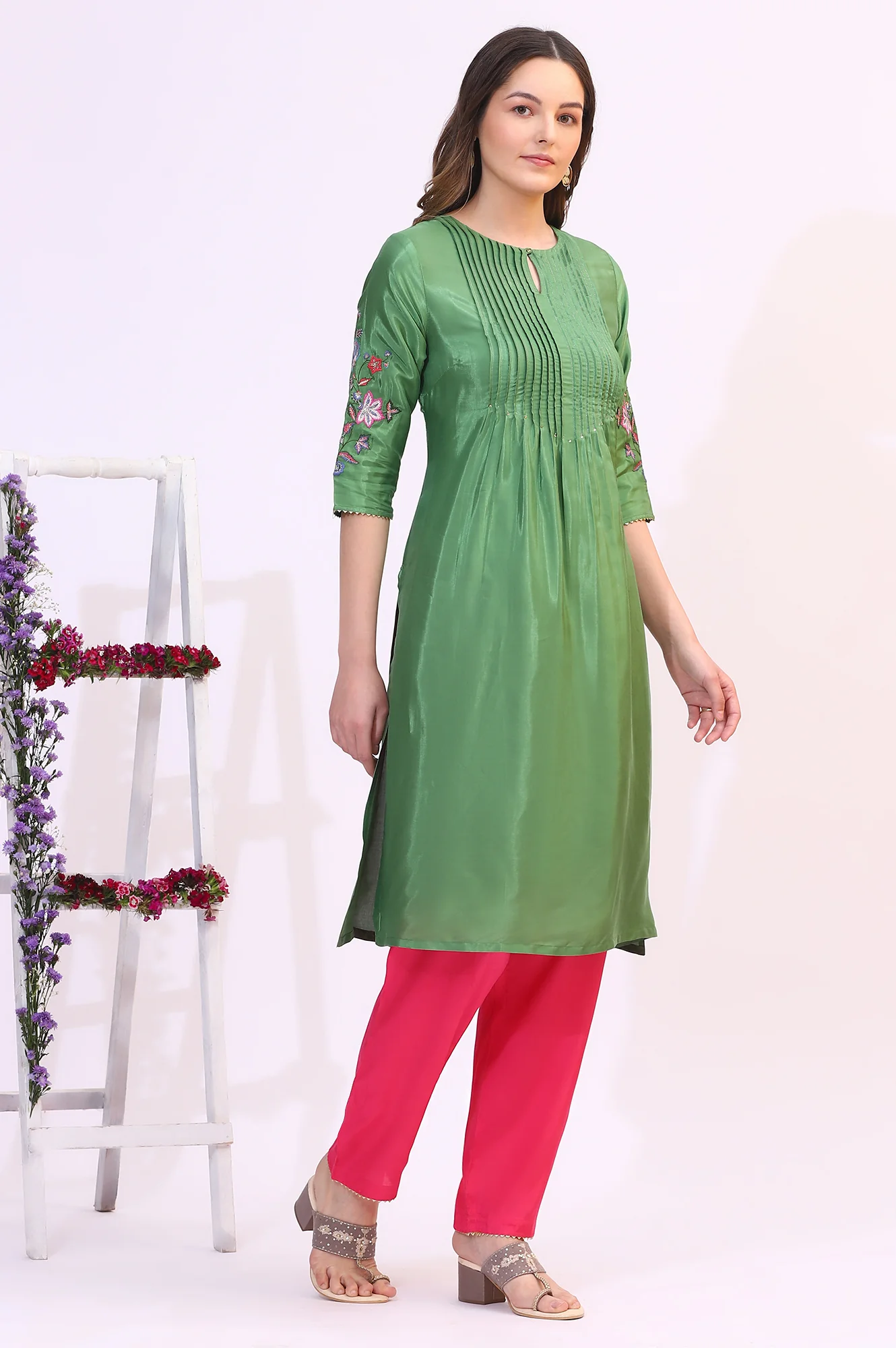 Forest Green Embroidered Shantung Kurta, Pants and Dupatta Set - Image 7
