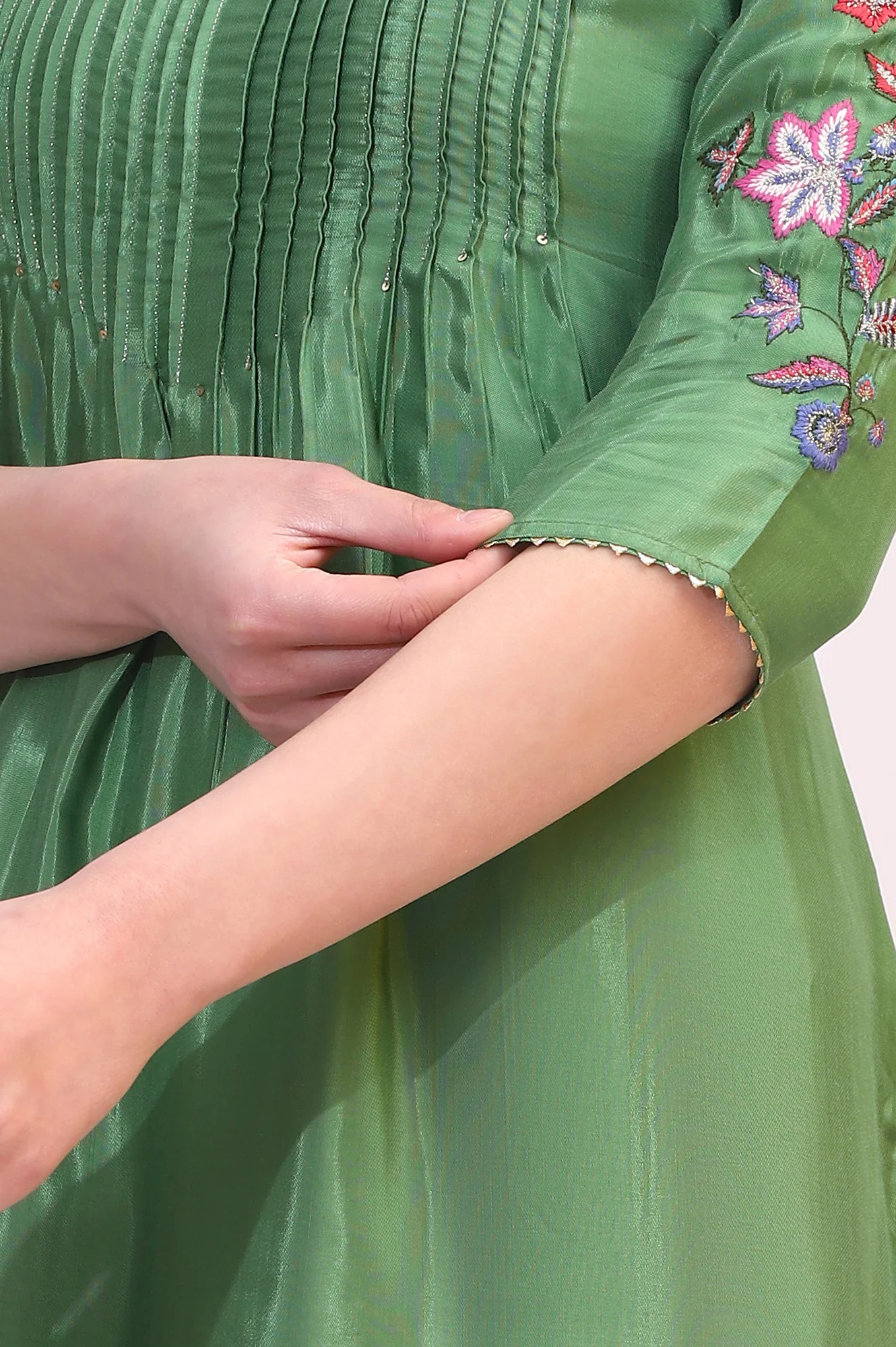 Forest Green Embroidered Shantung Kurta, Pants and Dupatta Set - Image 8