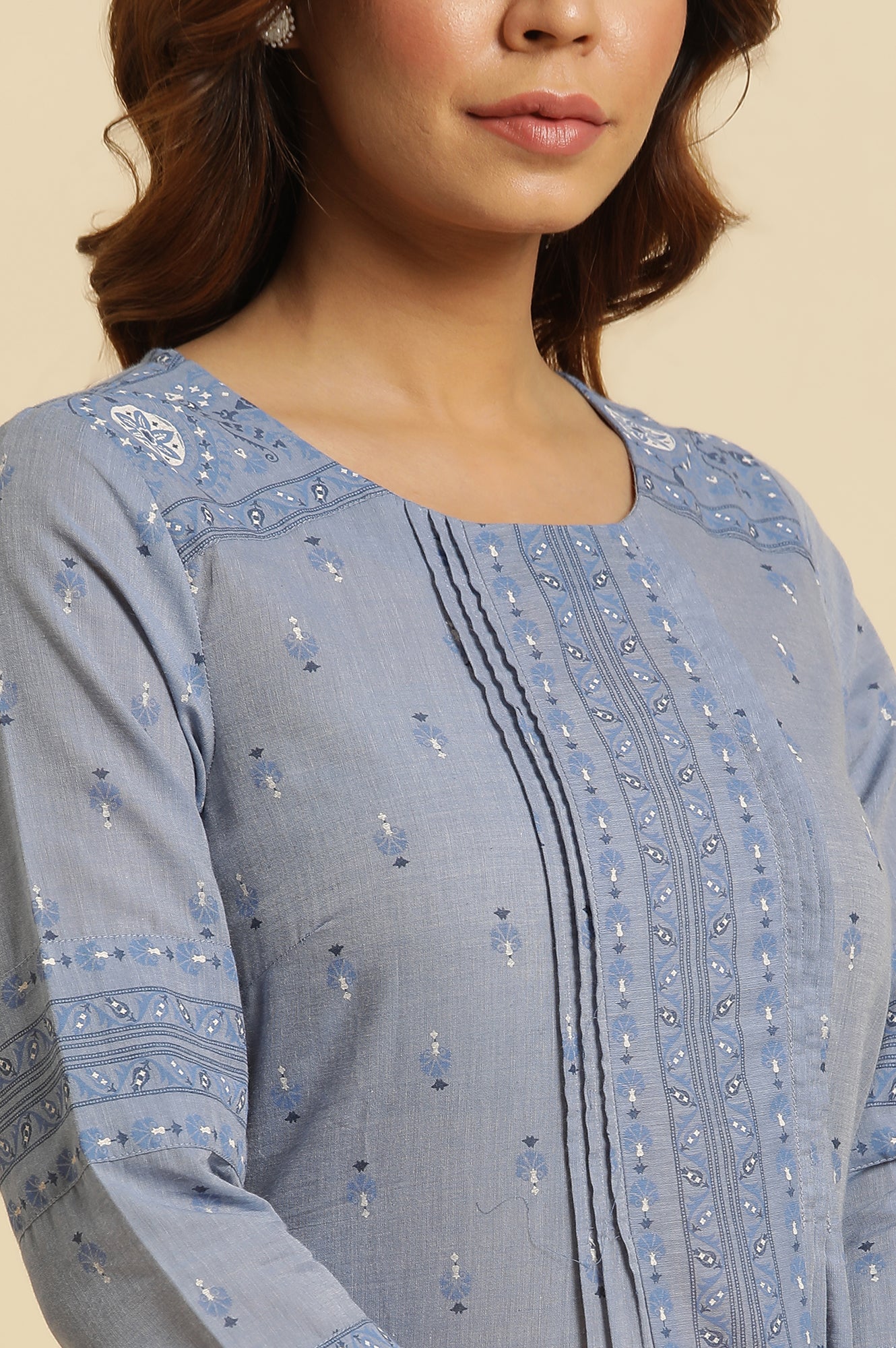 Frost Blue Floral Printed Pure Cotton A-line Kurta with Slim Pant Set - Image 2