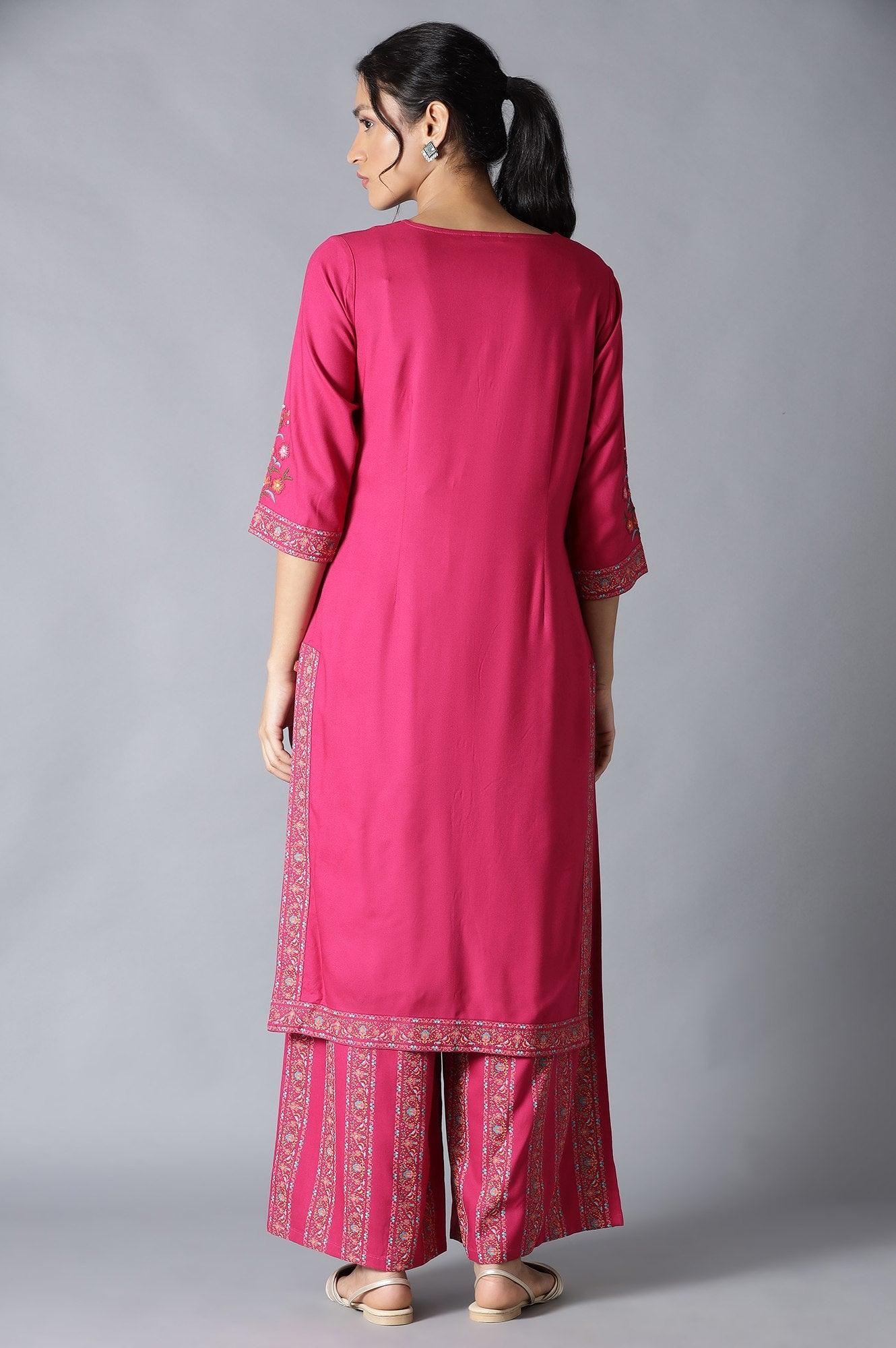Fuchsia Pink Embroidered kurta And Parallel Pants Set - Image 2