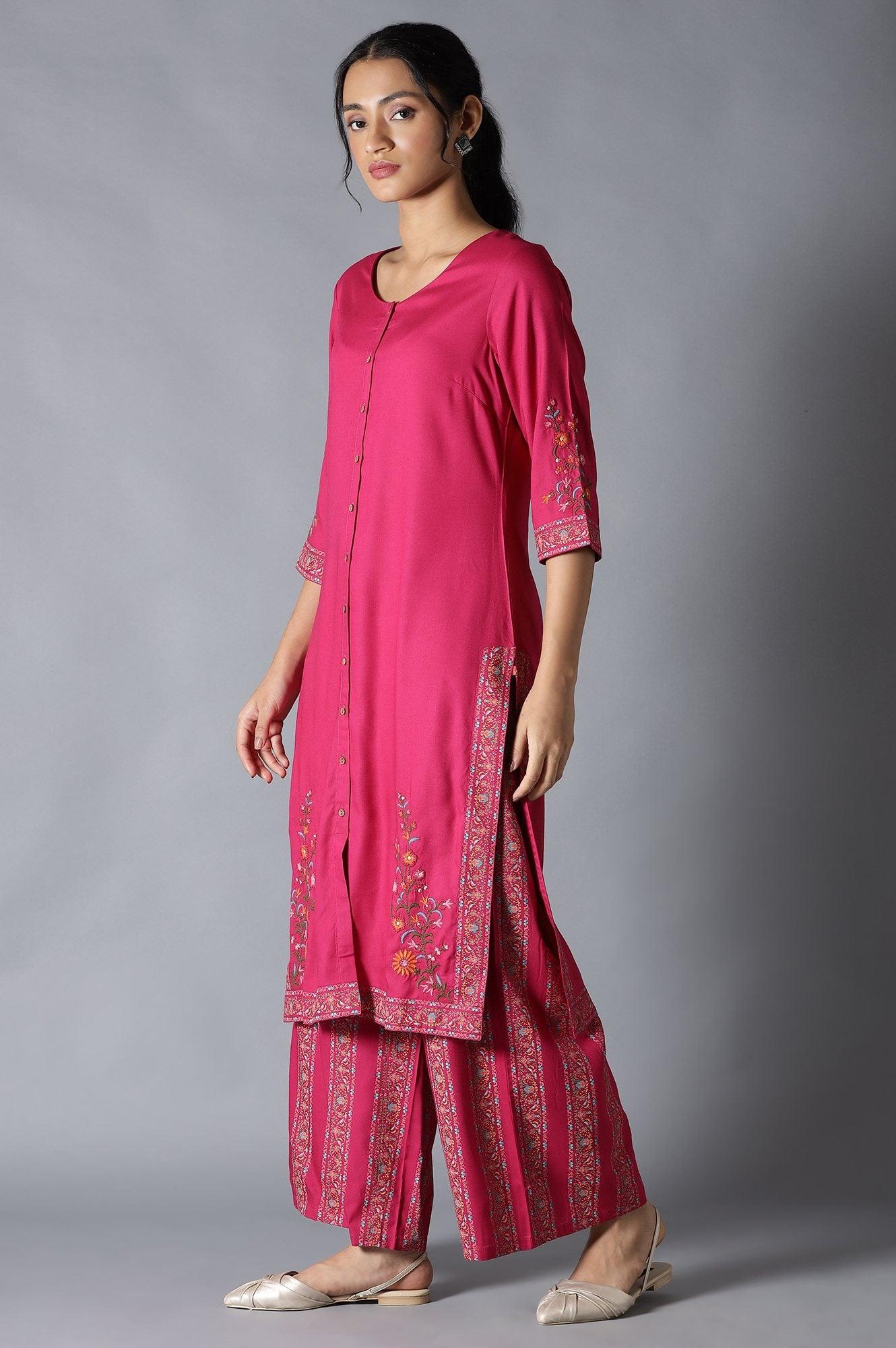 Fuchsia Pink Embroidered kurta And Parallel Pants Set - Image 3