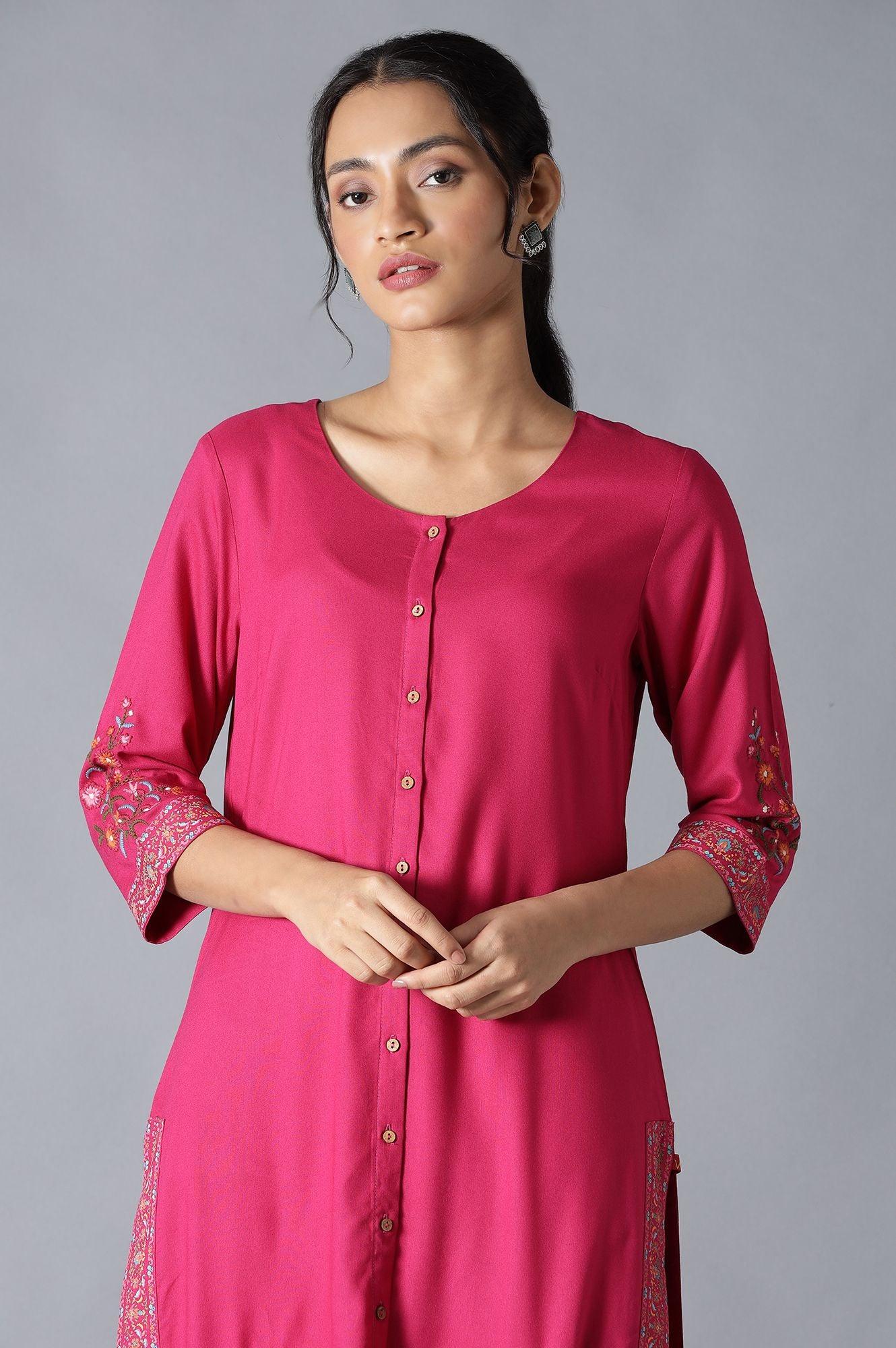 Fuchsia Pink Embroidered kurta And Parallel Pants Set - Image 5