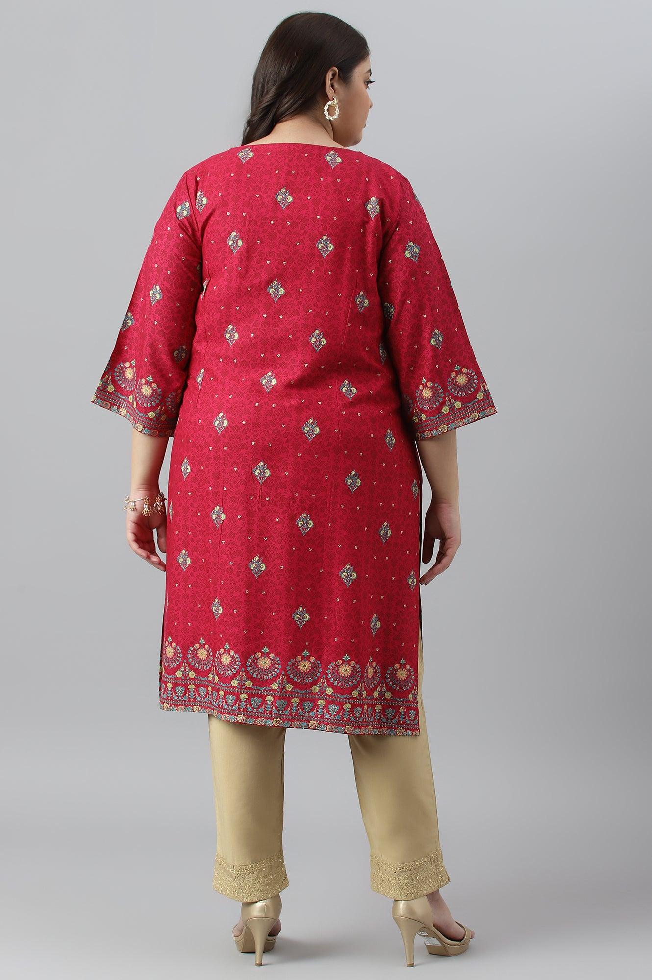 Fuchsia Pink Floral Printed Plus Size kurta With Sequins - Image 2