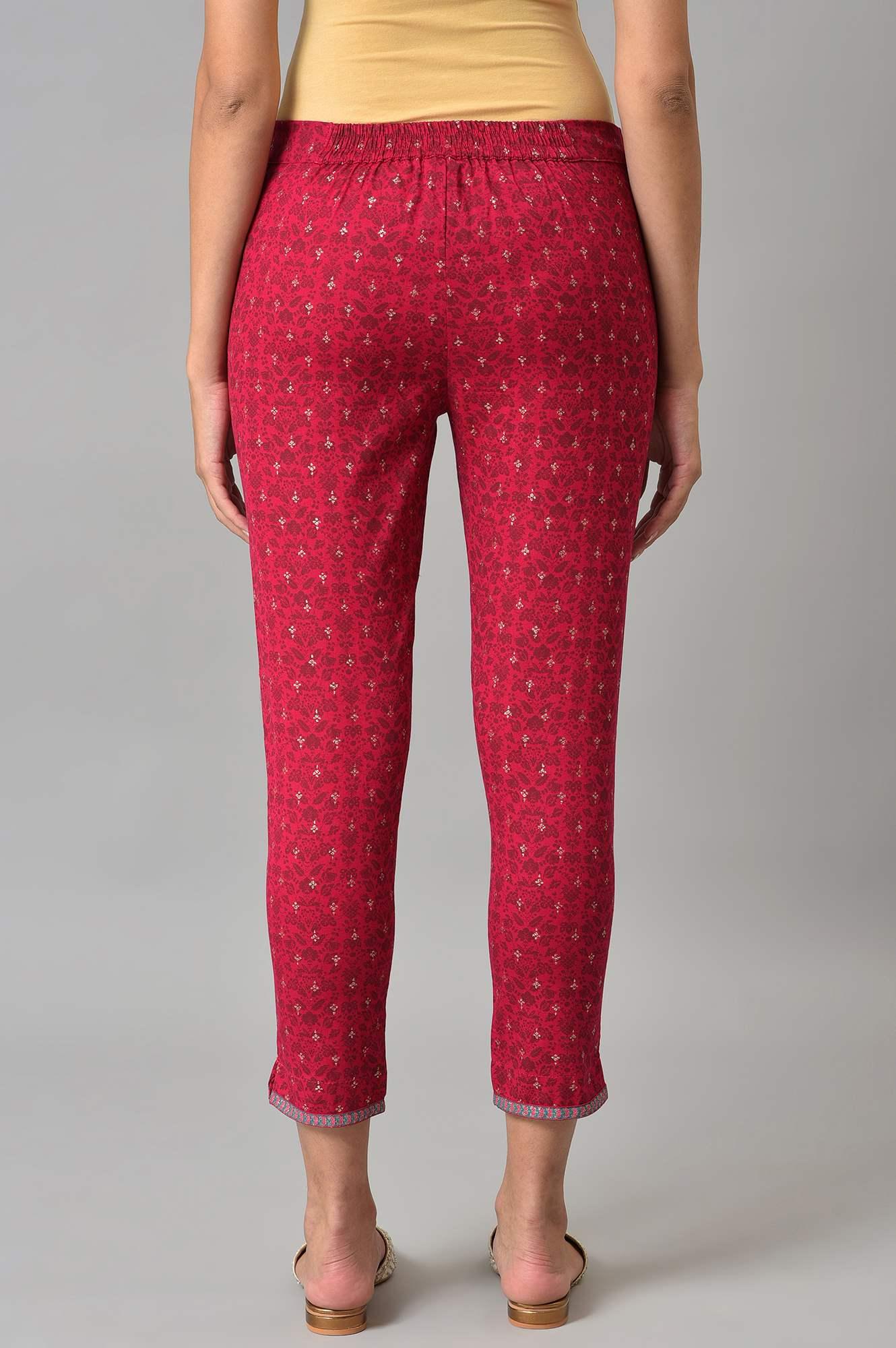 Fuchsia Pink Floral Printed Slim Pants - Image 2