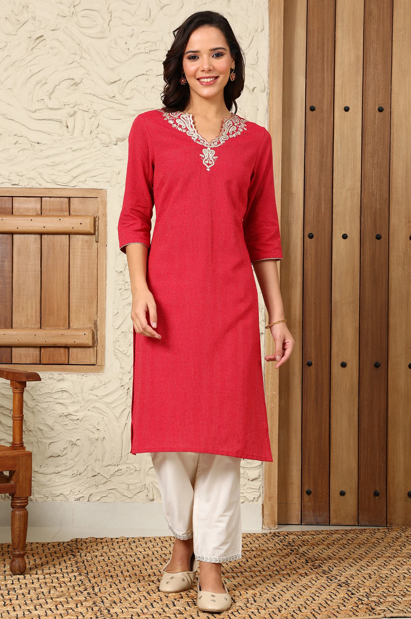 Fuchsia Pink Yarn-Dyed Embroidered Cotton Flax Straight Kurta With Lurex Stripes - Image 2