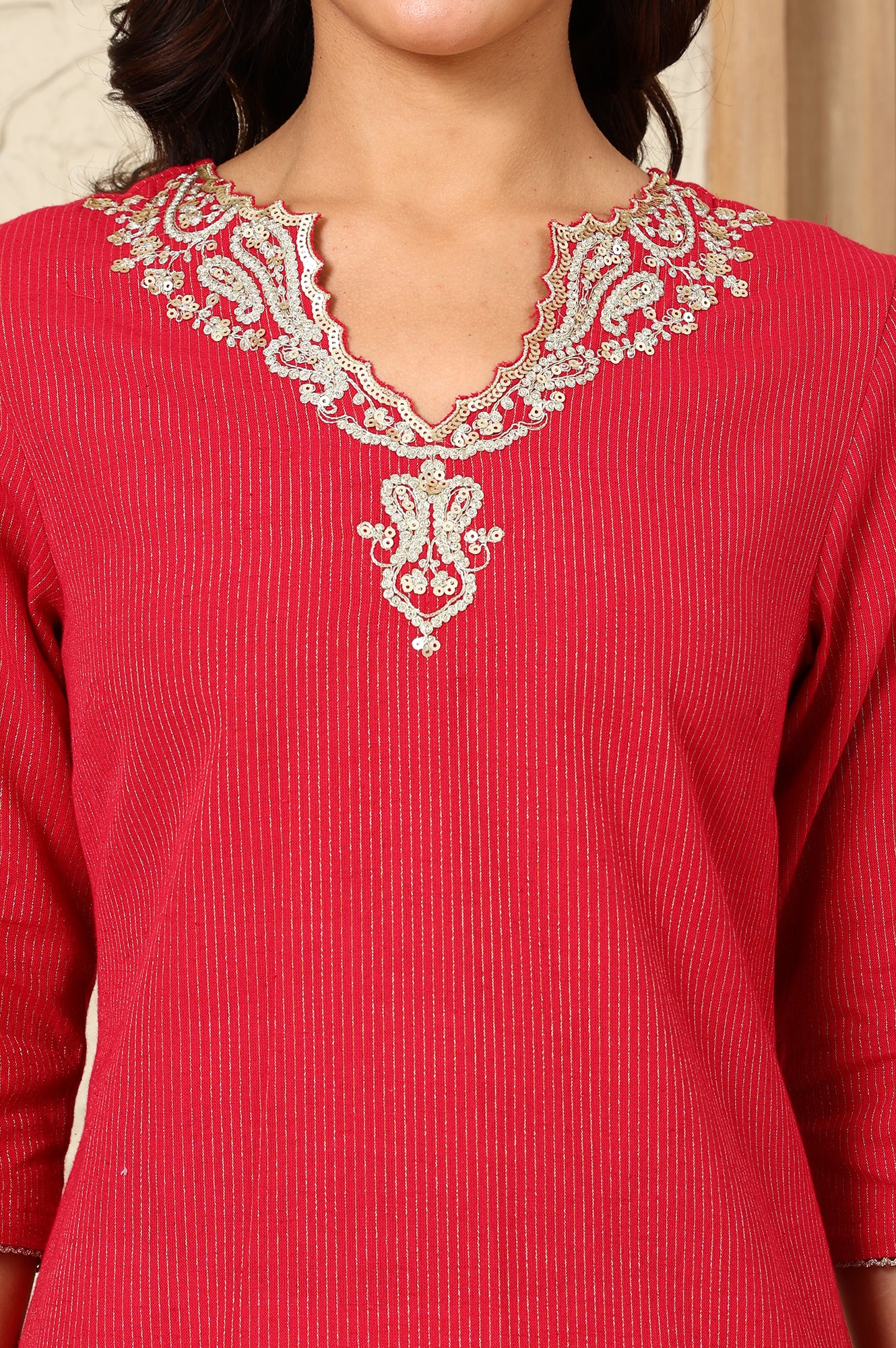 Fuchsia Pink Yarn-Dyed Embroidered Cotton Flax Straight Kurta With Lurex Stripes - Image 3