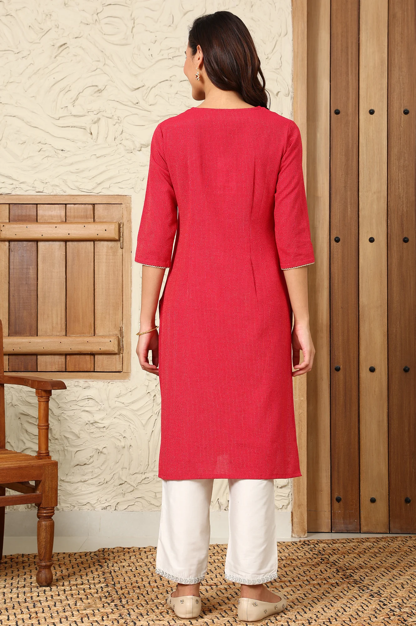 Fuchsia Pink Yarn-Dyed Embroidered Cotton Flax Straight Kurta With Lurex Stripes - Image 5
