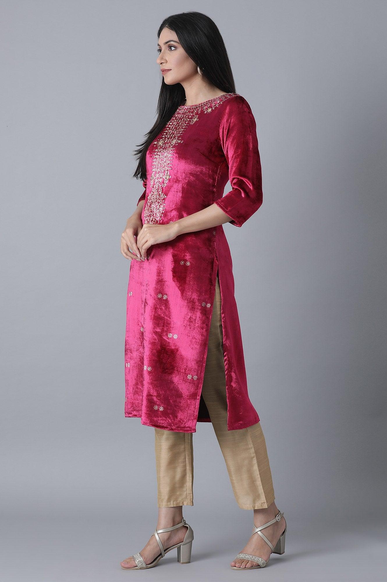 Fuchsia Printed Velvet kurta - Image 3