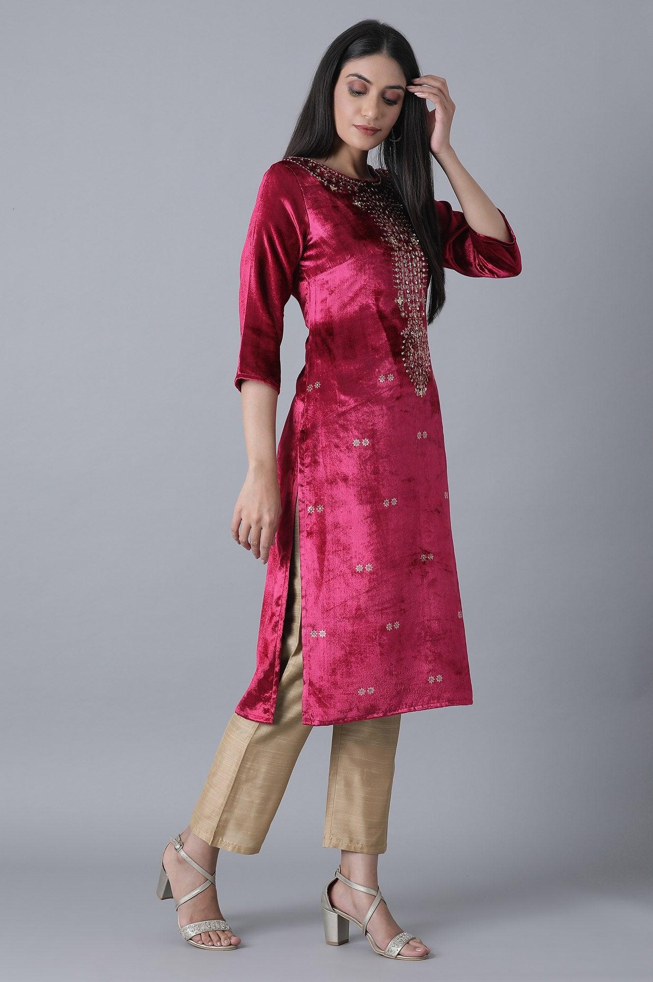 Fuchsia Printed Velvet kurta - Image 4