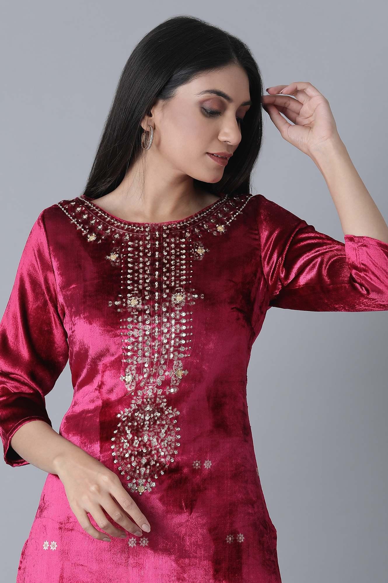 Fuchsia Printed Velvet kurta - Image 5