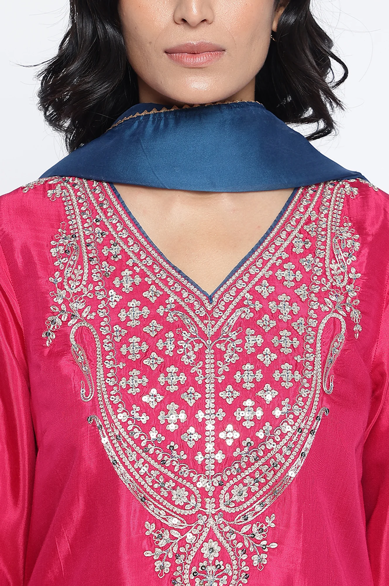 Fuschia Solid Printed Shantung Straight Kurta, Straight Pant and Dupatta Set - Image 2