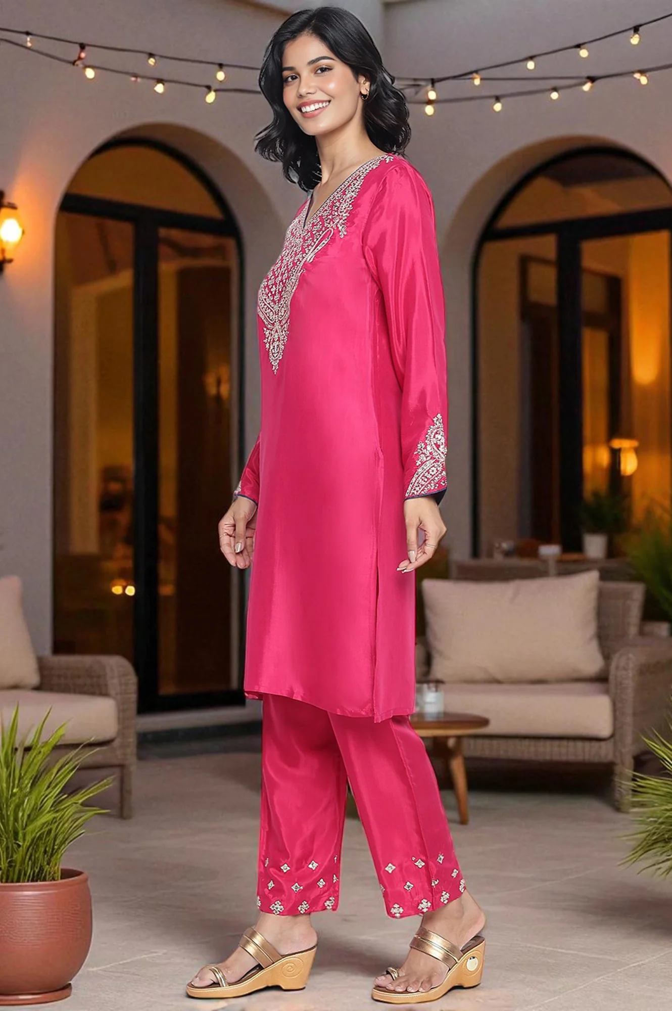 Fuschia Solid Printed Shantung Straight Kurta, Straight Pant and Dupatta Set - Image 3