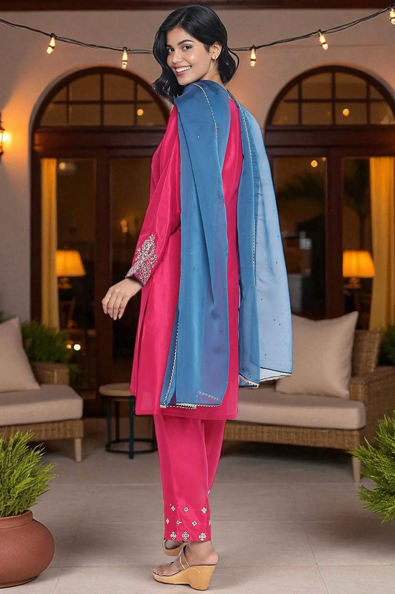 Fuschia Solid Printed Shantung Straight Kurta, Straight Pant and Dupatta Set - Image 4