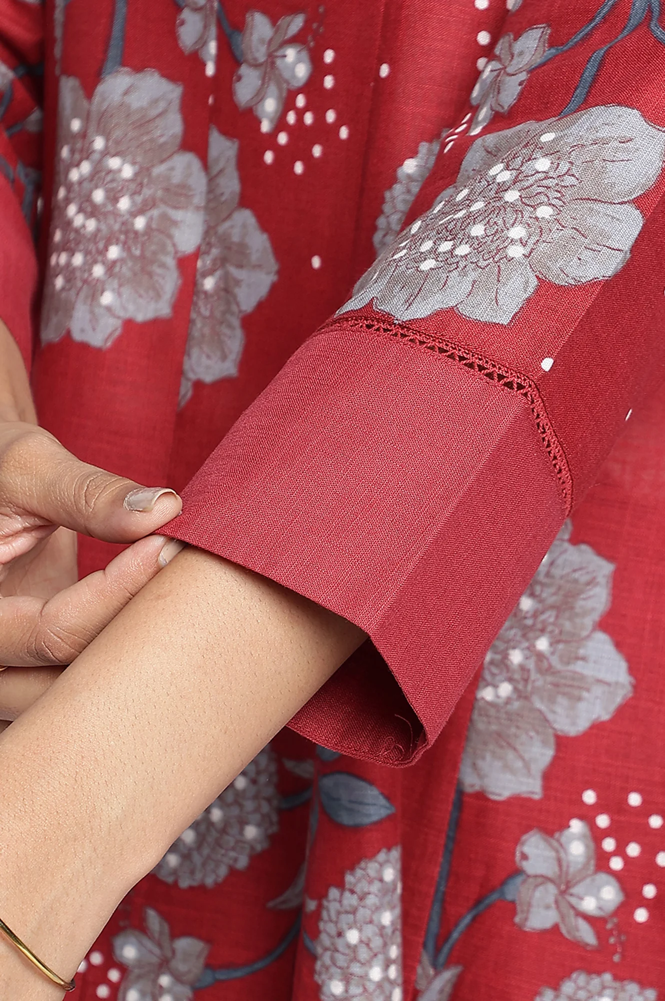 Garnet Red Printed Pure Cotton Flared Kurta, Straight Pant and Dupatta Set - Image 6