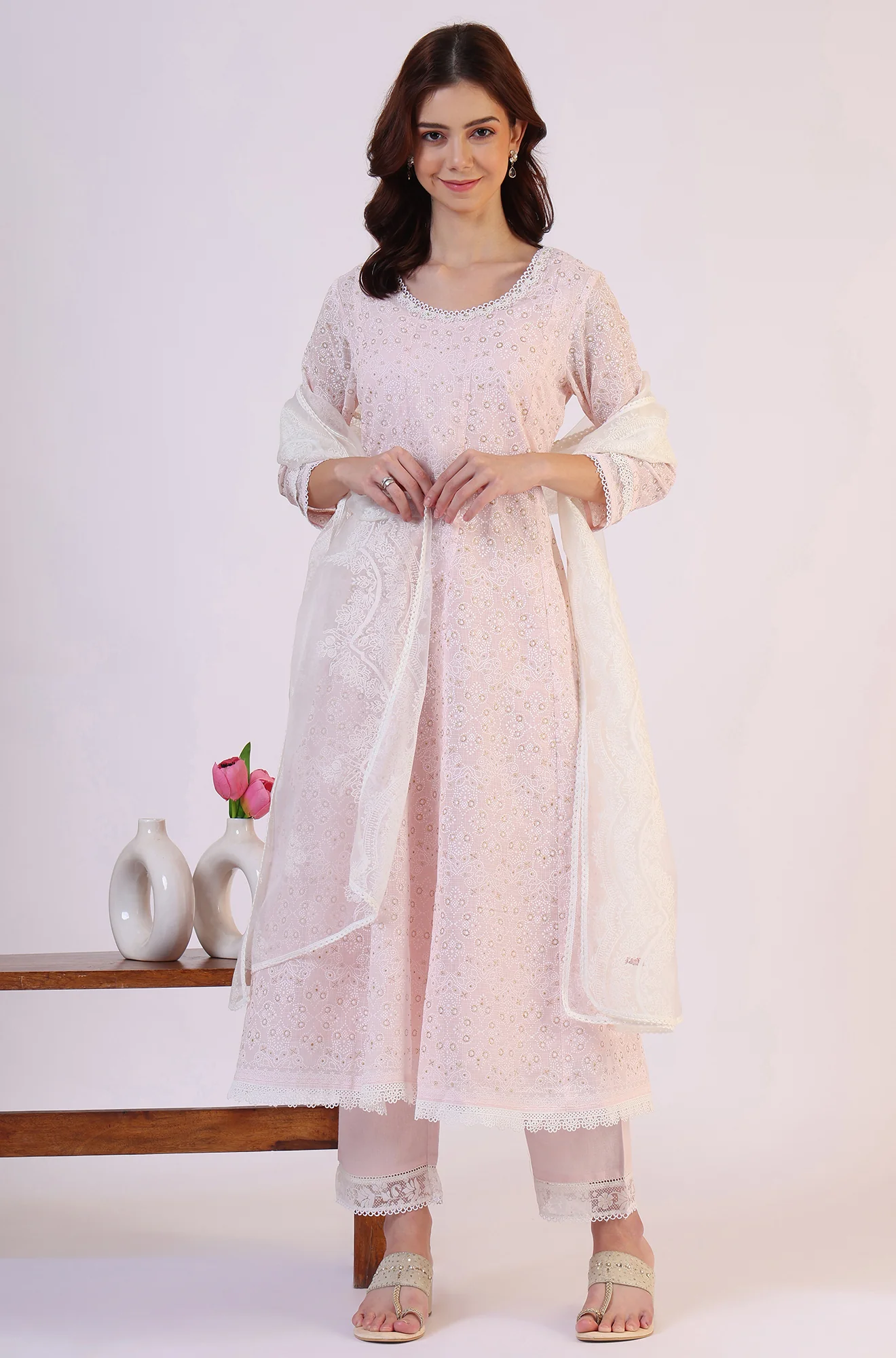 Pink Geometric Printed Anarkali Kota Kurta & Straight Pant With Dupatta Set - Image 3
