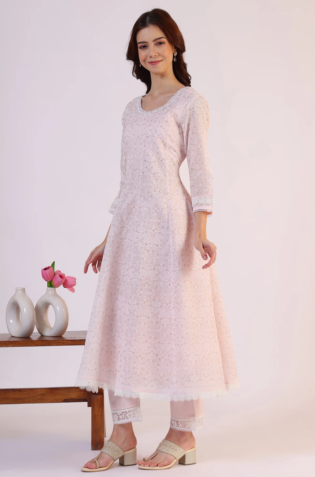 Pink Geometric Printed Anarkali Kota Kurta & Straight Pant With Dupatta Set - Image 5