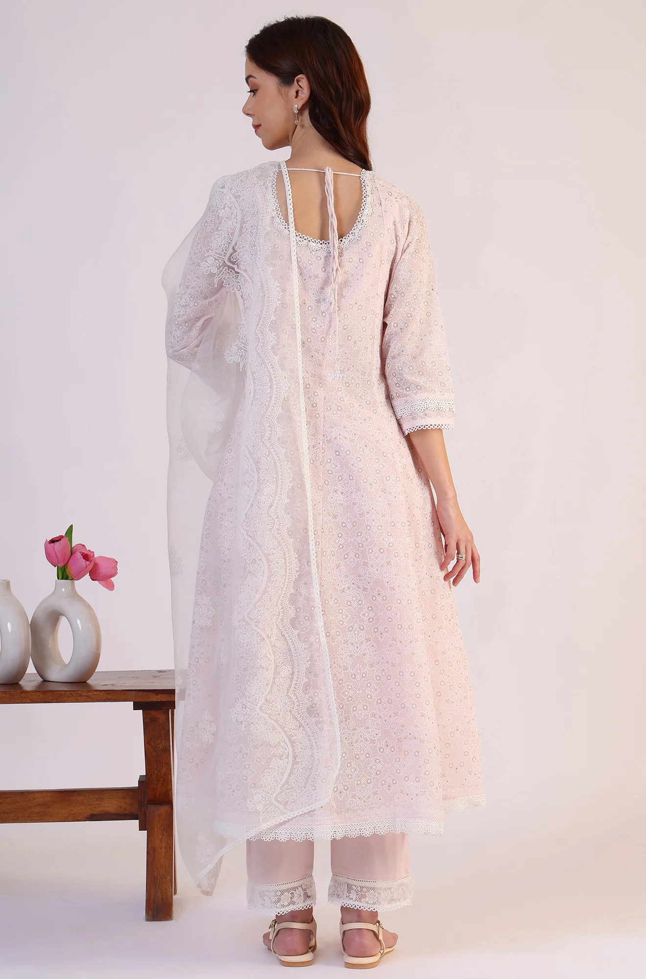 Pink Geometric Printed Anarkali Kota Kurta & Straight Pant With Dupatta Set - Image 6