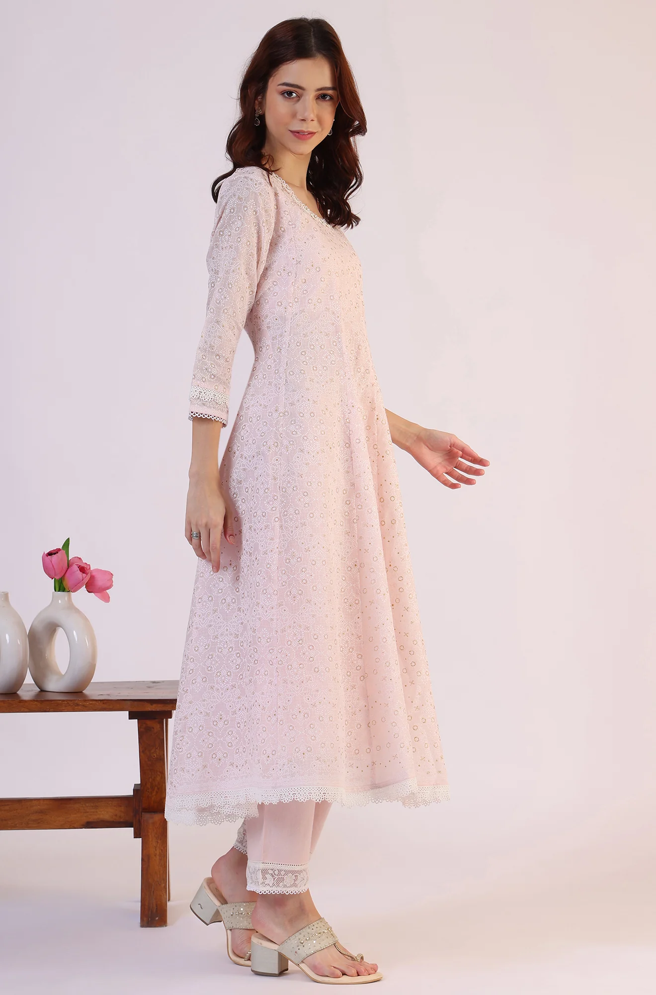 Pink Geometric Printed Anarkali Kota Kurta & Straight Pant With Dupatta Set - Image 7