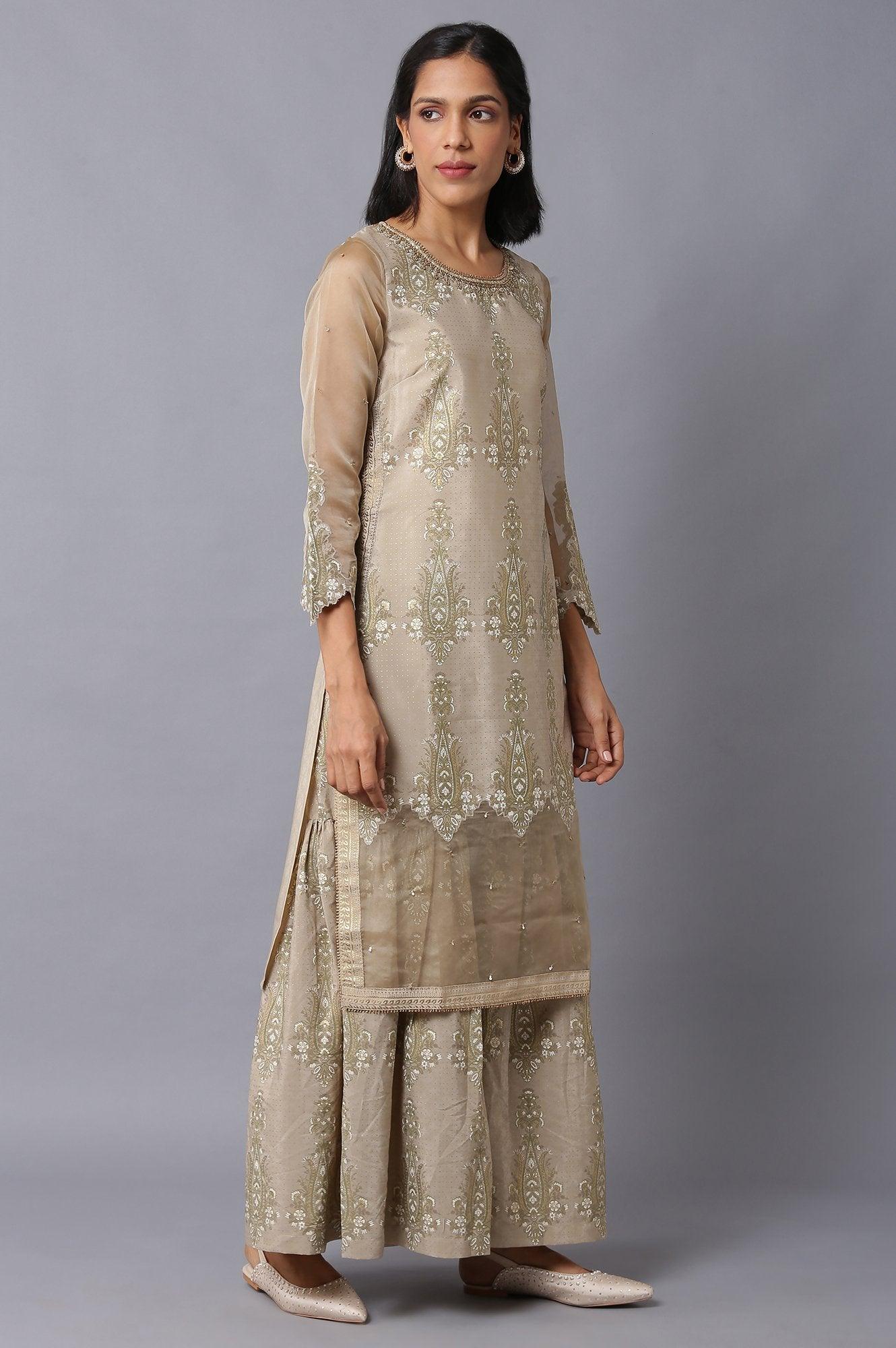 Gold Beige Floral Printed kurta With Embroidery - Image 4