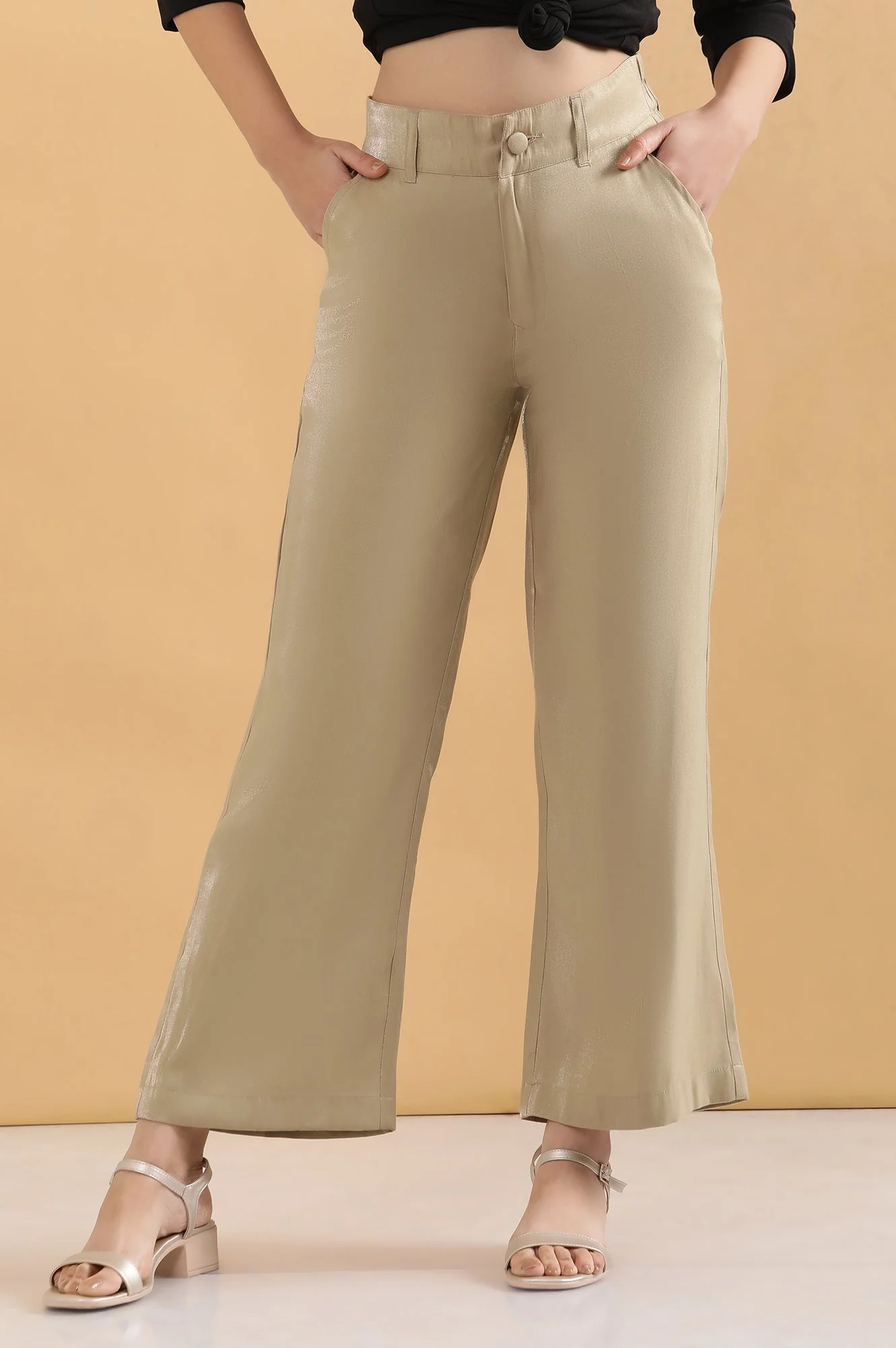 Elleven Women's Gold Solid Straight Fit Woven Pants With Elasticated Back - Image 2