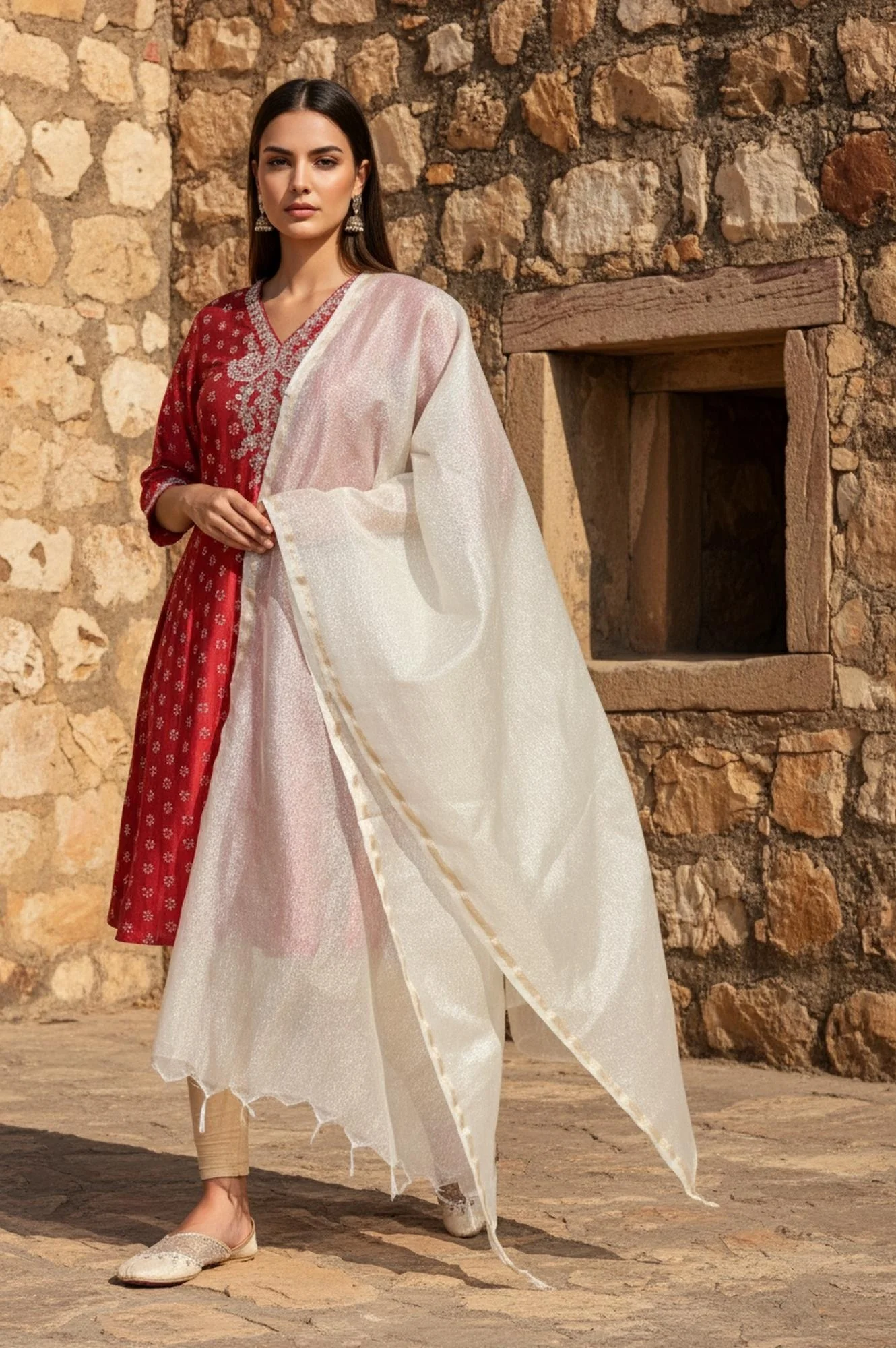 Gold Crushed Solid Zari Work Tissue Dupatta