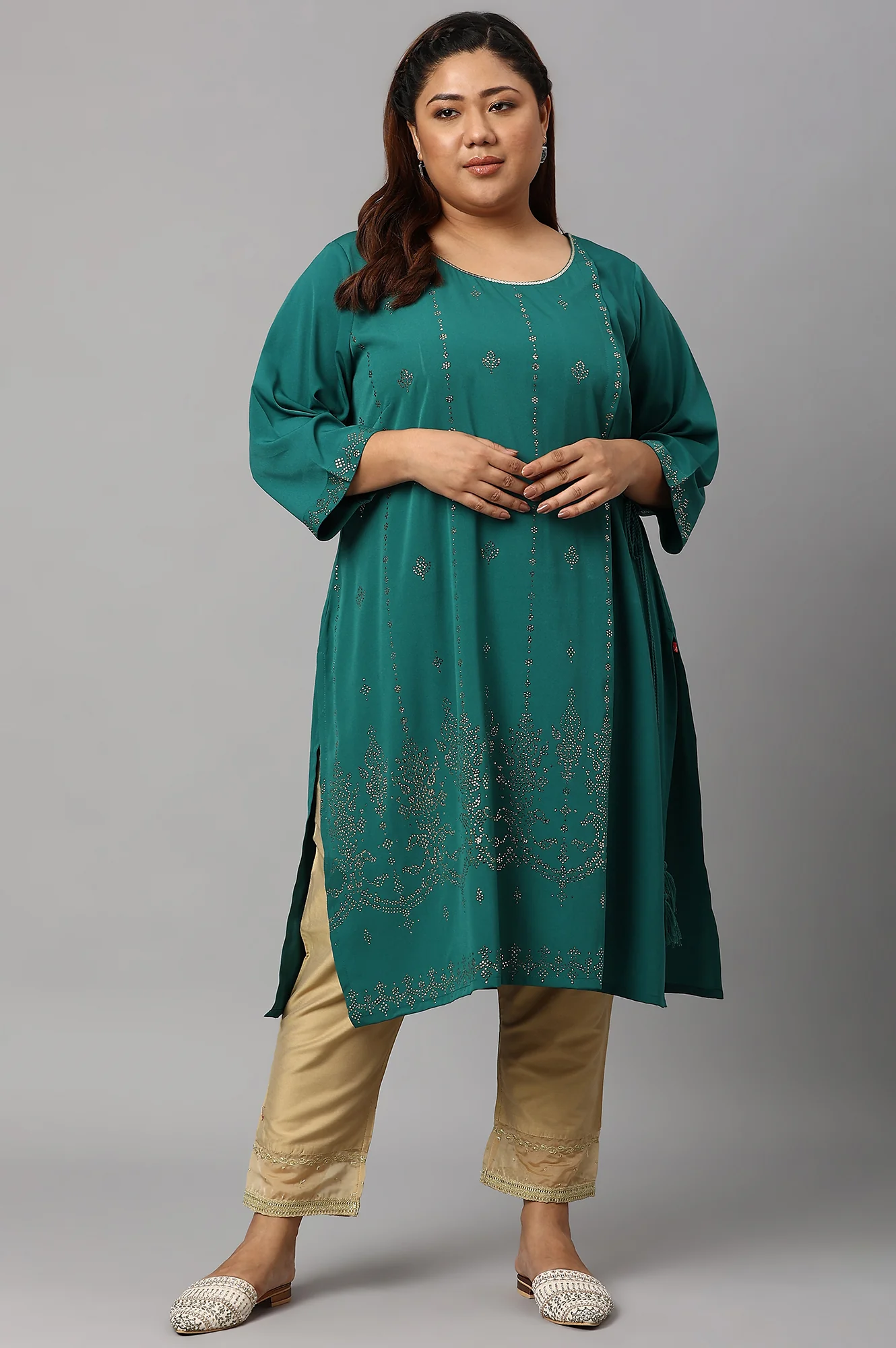 Gold Embroidered Light Festive Plus Size Slim Pants - Image 6